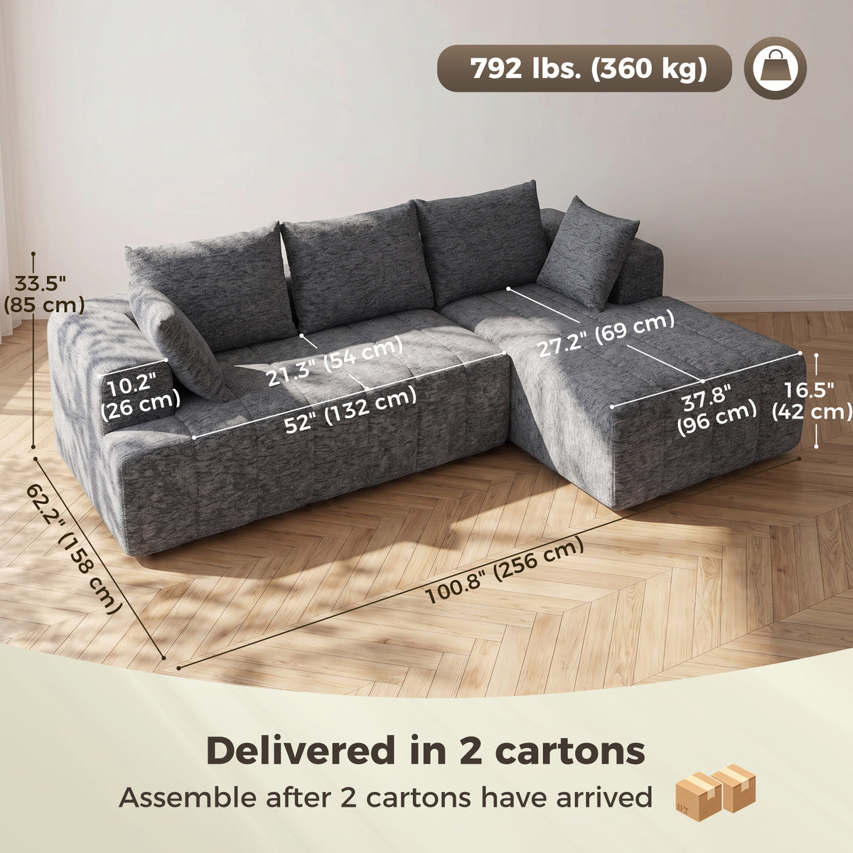 101" Modular Sectional Sofa with Chaise, Chenille Boneless Cloud Sofa Bed, 3 Seater L-Shaped Couch with Spring Cushion, Wide and Deep Seat, Wide Arms, No Assembly, Grey