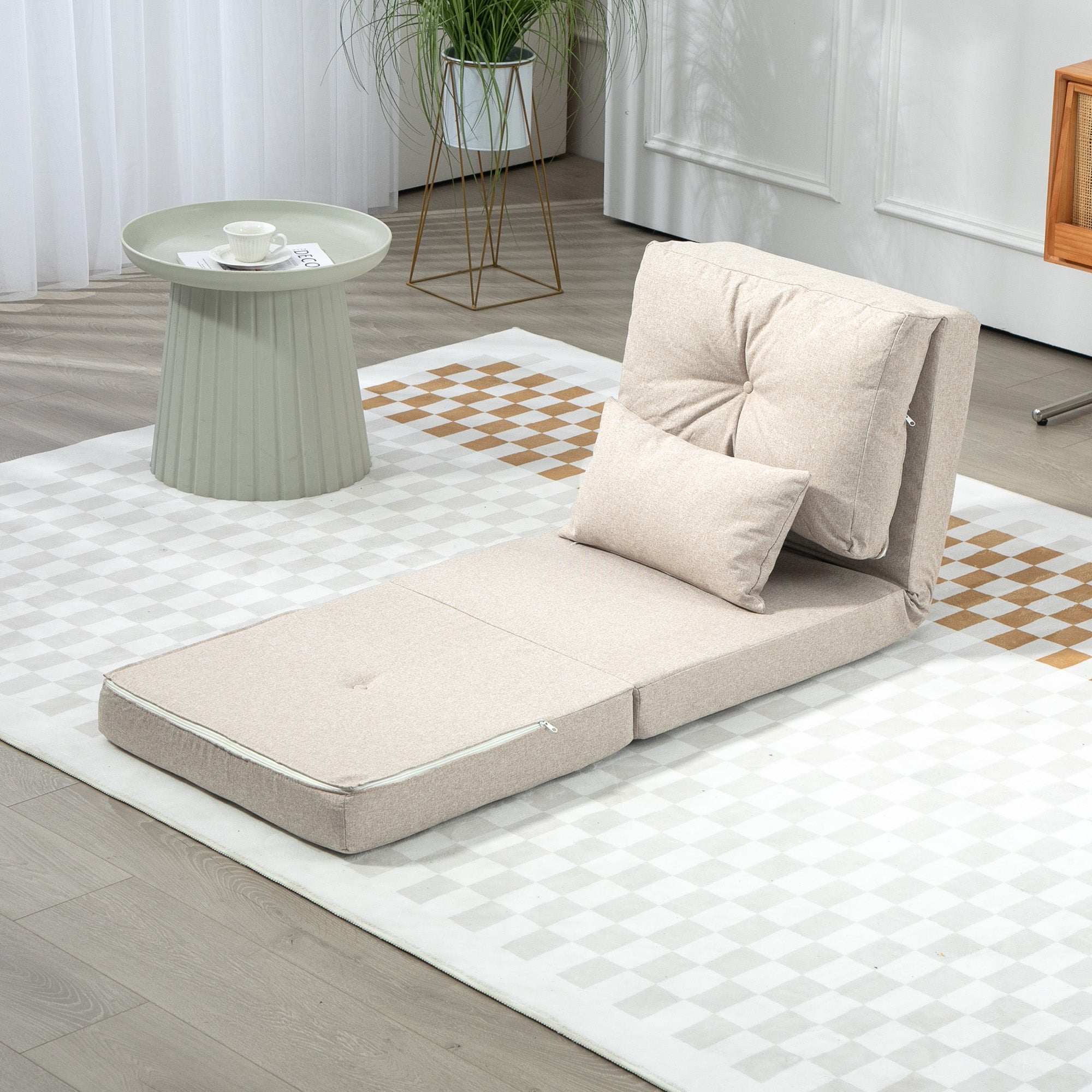 Convertible Flip Chair, Folding Upholstered Couch Bed w/ Adjustable Backrest, Beige