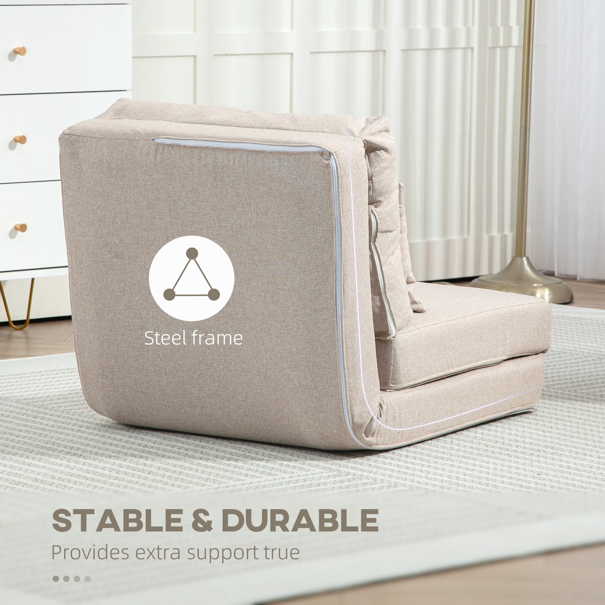 Convertible Flip Chair, Folding Upholstered Couch Bed w/ Adjustable Backrest, Beige