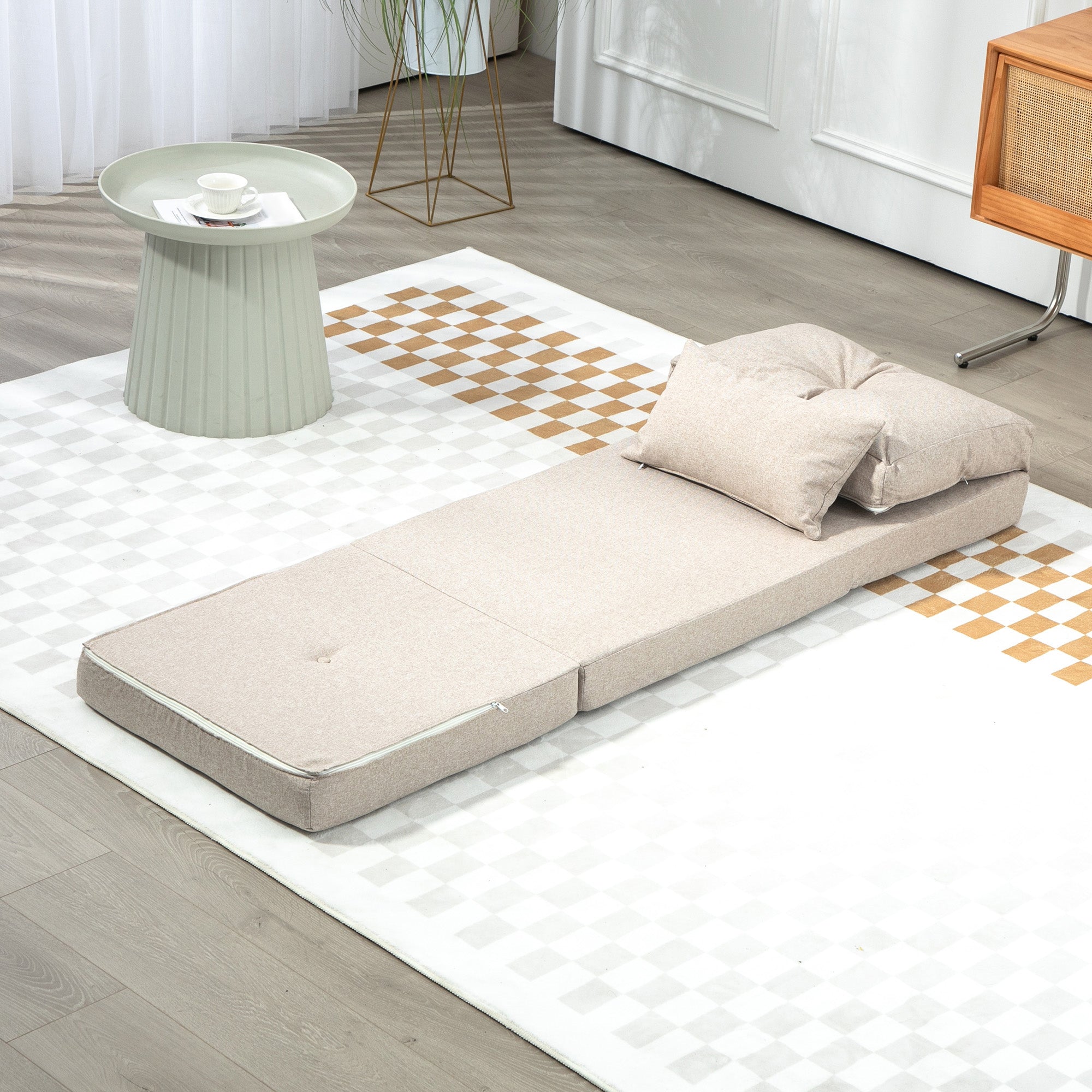 Convertible Flip Chair, Folding Upholstered Couch Bed w/ Adjustable Backrest, Beige