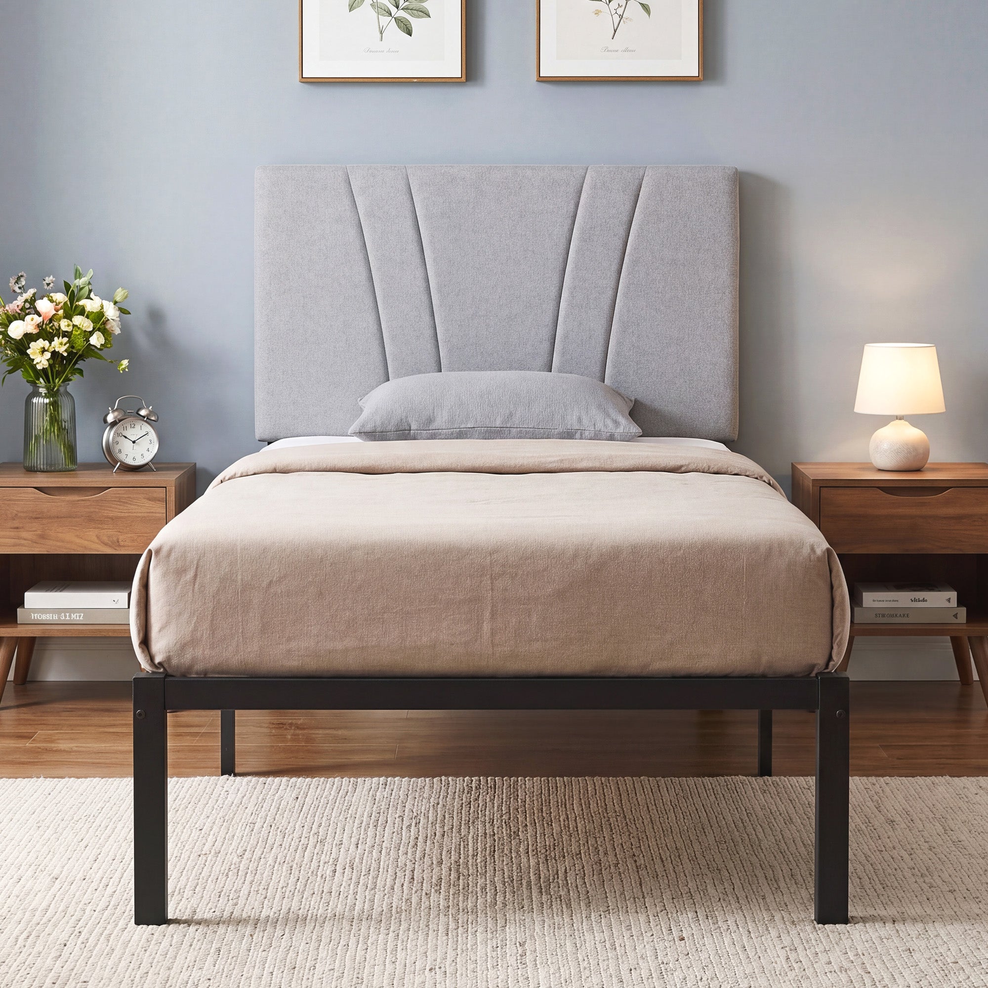 3FT Single Bed Frame with Upholstered and Padded Headboard, Metal Bed Frame with Underbed Storage and Steel Slat Support, No Box Spring Needed, Easy Assembly, Black and Light Grey