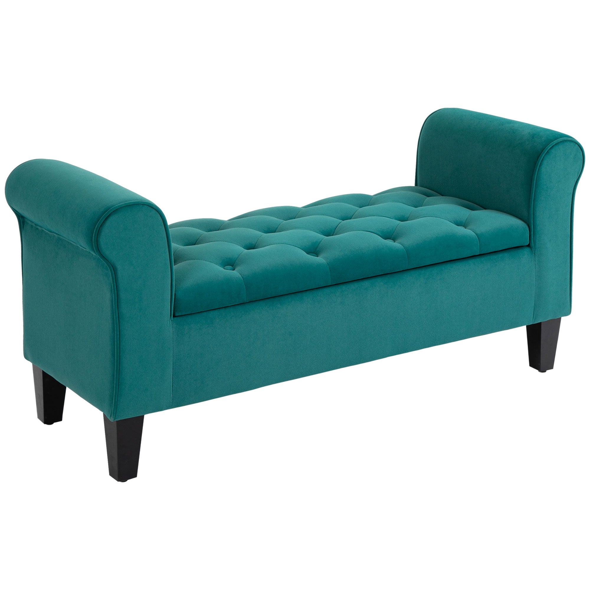 Button Tufted Storage Ottoman, Upholstered Bench with Rolled Armrests, Green
