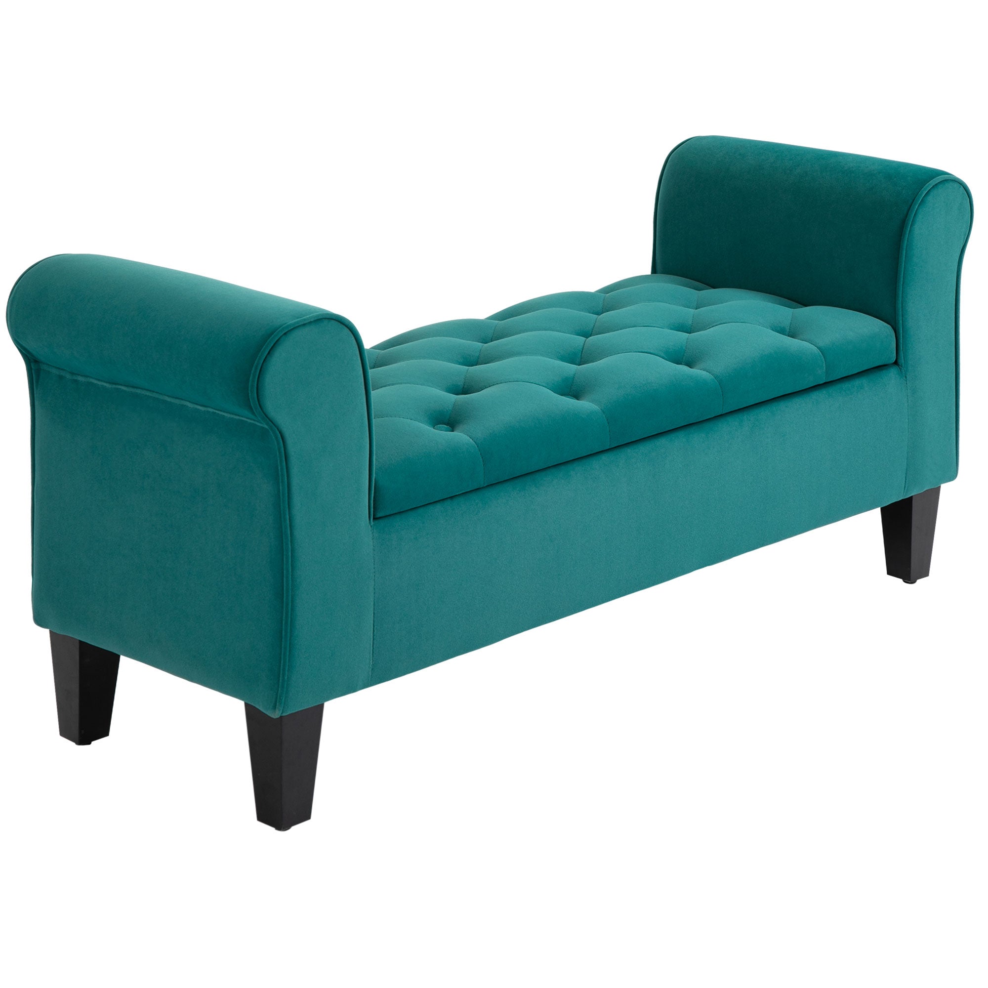 Button Tufted Storage Ottoman, Upholstered Bench with Rolled Armrests, Green