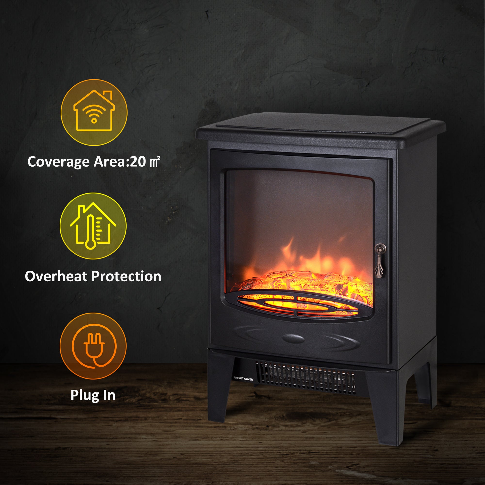 Tempered Glass Casing Electric Fireplace, Freestanding Electric Fire with Realistic Flame Effect, Log Burner with Overheat Protection, 950w/ 1850W, Black