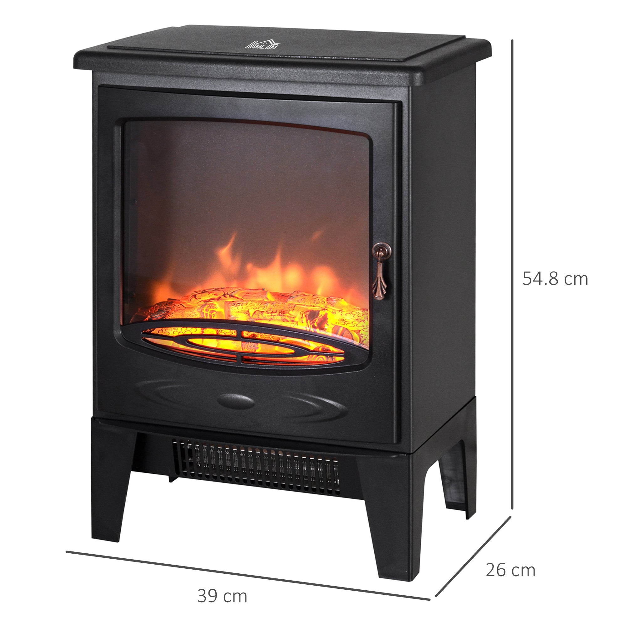 Tempered Glass Casing Electric Fireplace, Freestanding Electric Fire with Realistic Flame Effect, Log Burner with Overheat Protection, 950w/ 1850W, Black