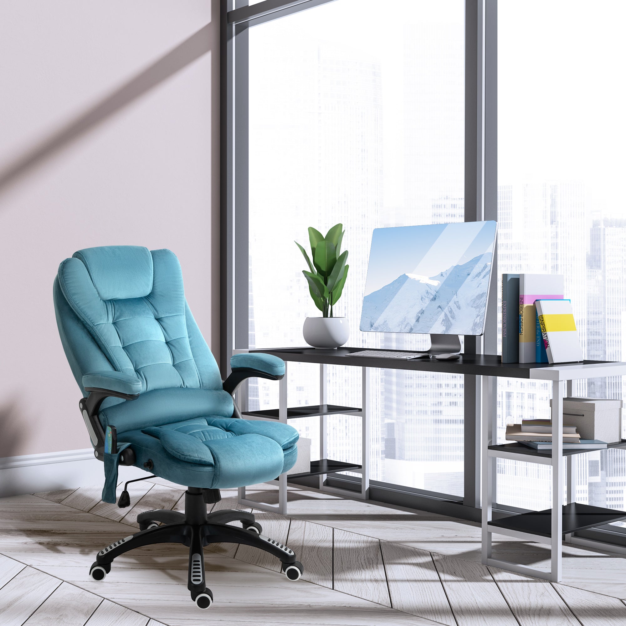 Vinsetto Office Chair, Ergonomic Desk Chair with 6-Point Massage and Back Heated, Velvet-Feel Fabric Computer Gaming Chair with Arms, Lumbar Support, Blue