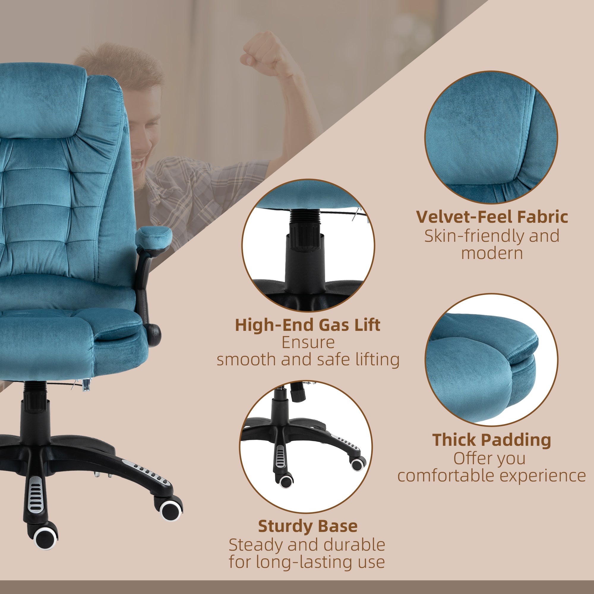 Vinsetto Office Chair, Ergonomic Desk Chair with 6-Point Massage and Back Heated, Velvet-Feel Fabric Computer Gaming Chair with Arms, Lumbar Support, Blue