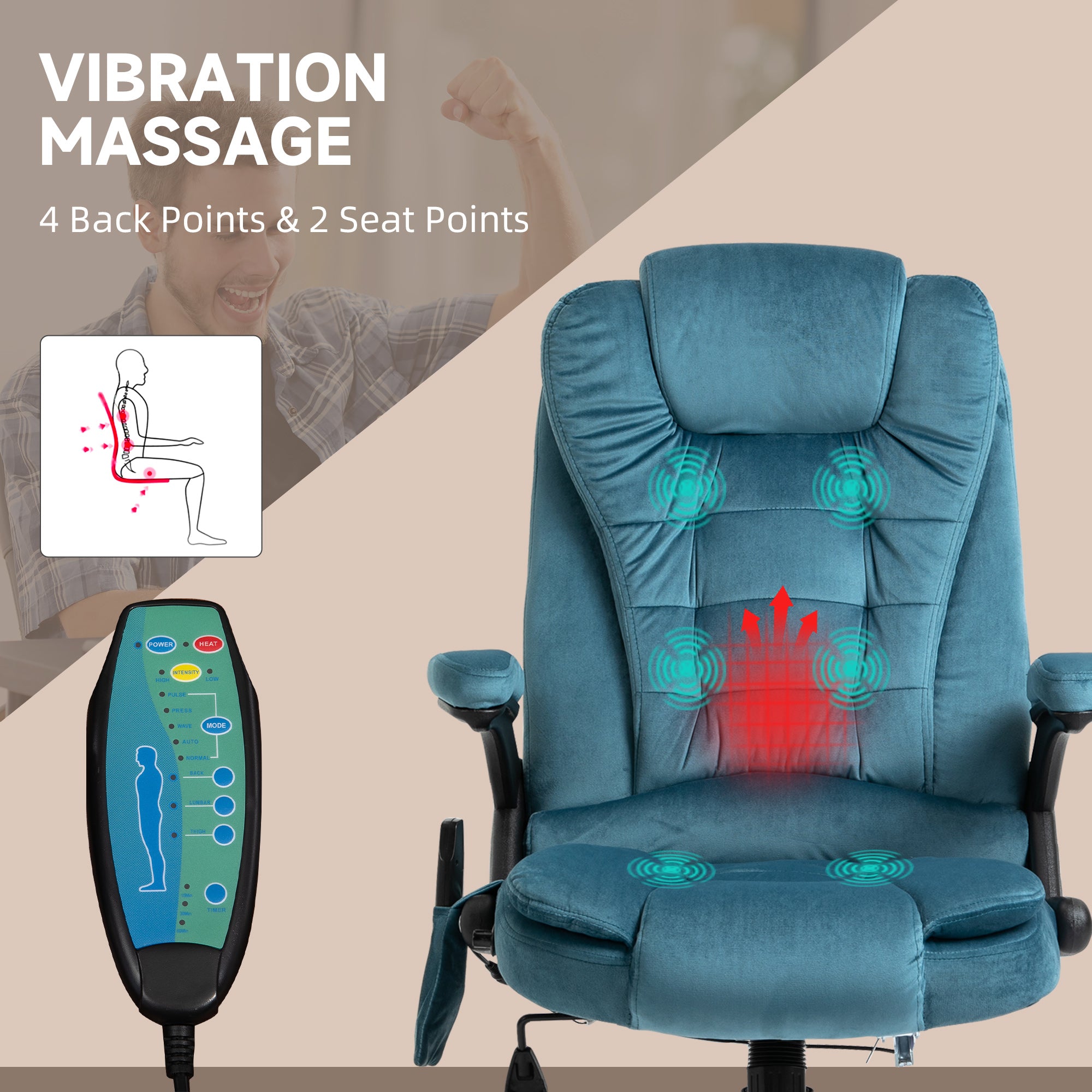 Vinsetto Office Chair, Ergonomic Desk Chair with 6-Point Massage and Back Heated, Velvet-Feel Fabric Computer Gaming Chair with Arms, Lumbar Support, Blue