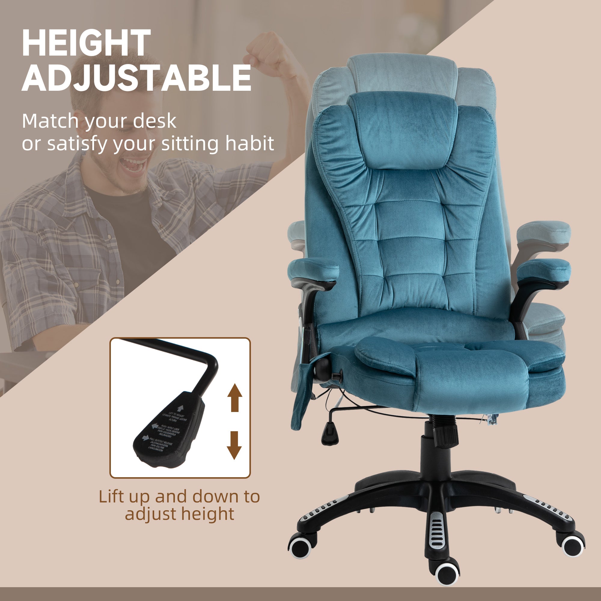 Vinsetto Office Chair, Ergonomic Desk Chair with 6-Point Massage and Back Heated, Velvet-Feel Fabric Computer Gaming Chair with Arms, Lumbar Support, Blue