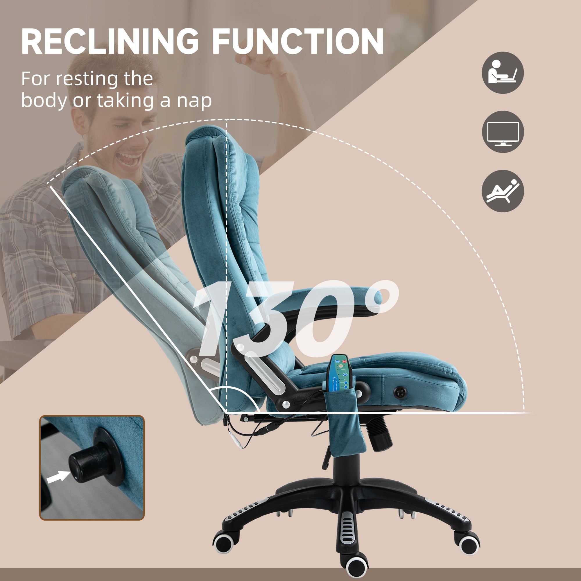 Vinsetto Office Chair, Ergonomic Desk Chair with 6-Point Massage and Back Heated, Velvet-Feel Fabric Computer Gaming Chair with Arms, Lumbar Support, Blue