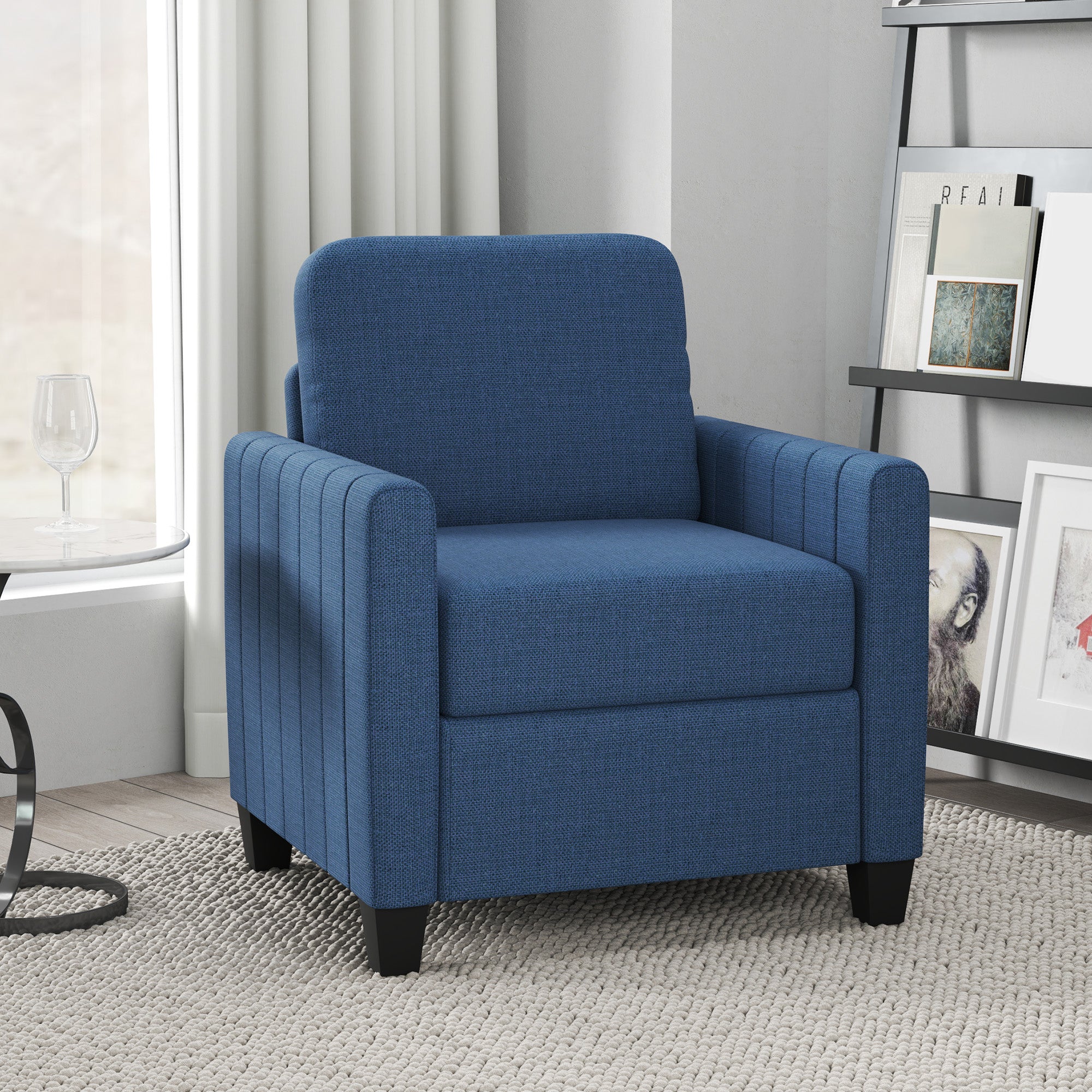 HOMCOM Armchair, Channel Tufted Modern Fabric Accent Chair, Comfy Upholstered Reading Lounge with Spring Cushion, Back Pillow, for Living Room, Bedroom, Office, Blue