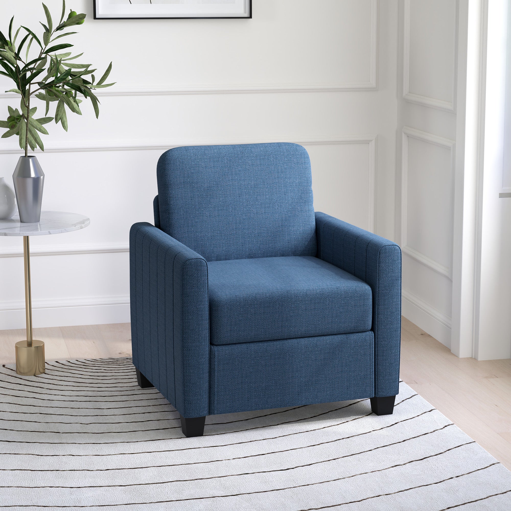 HOMCOM Armchair, Channel Tufted Modern Fabric Accent Chair, Comfy Upholstered Reading Lounge with Spring Cushion, Back Pillow, for Living Room, Bedroom, Office, Blue