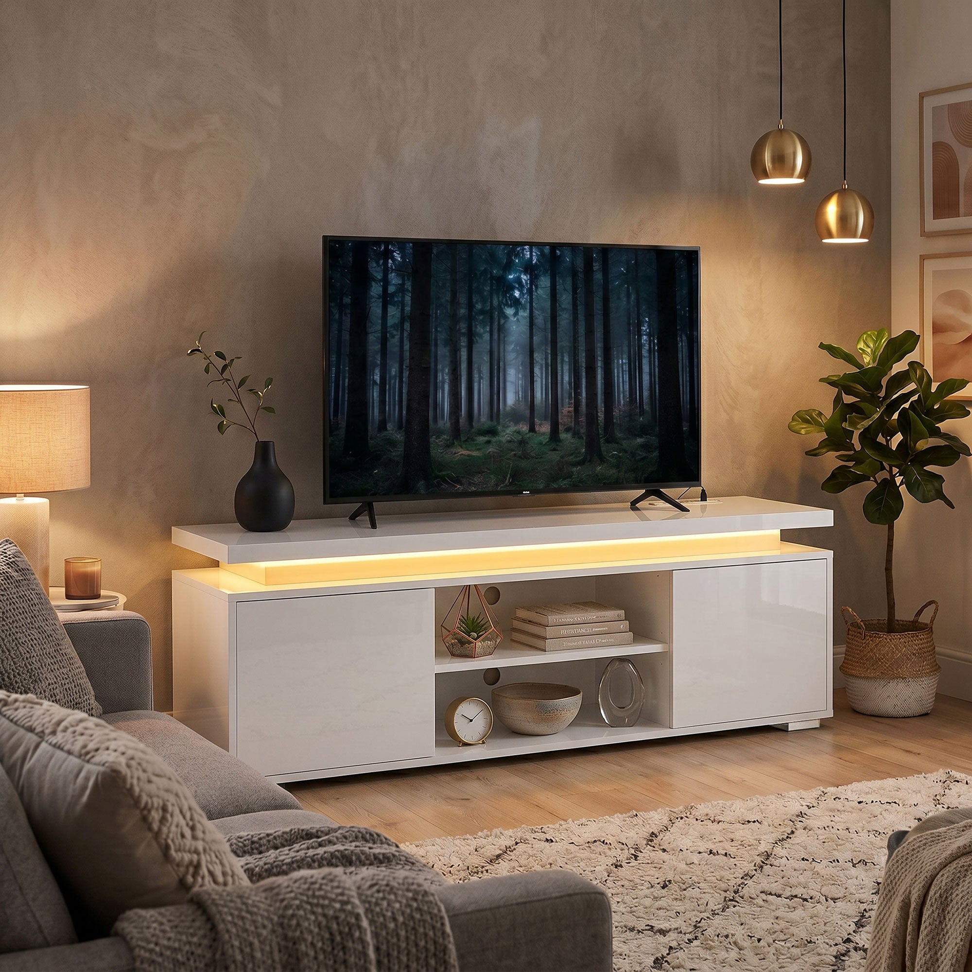 TV Stand for TVs up to 60 Inch, Modern Entertainment Center with LED Lights and Power Outlets, Media Console Table with 2 Cabinets & Adjustable Open Shelf, High Gloss White