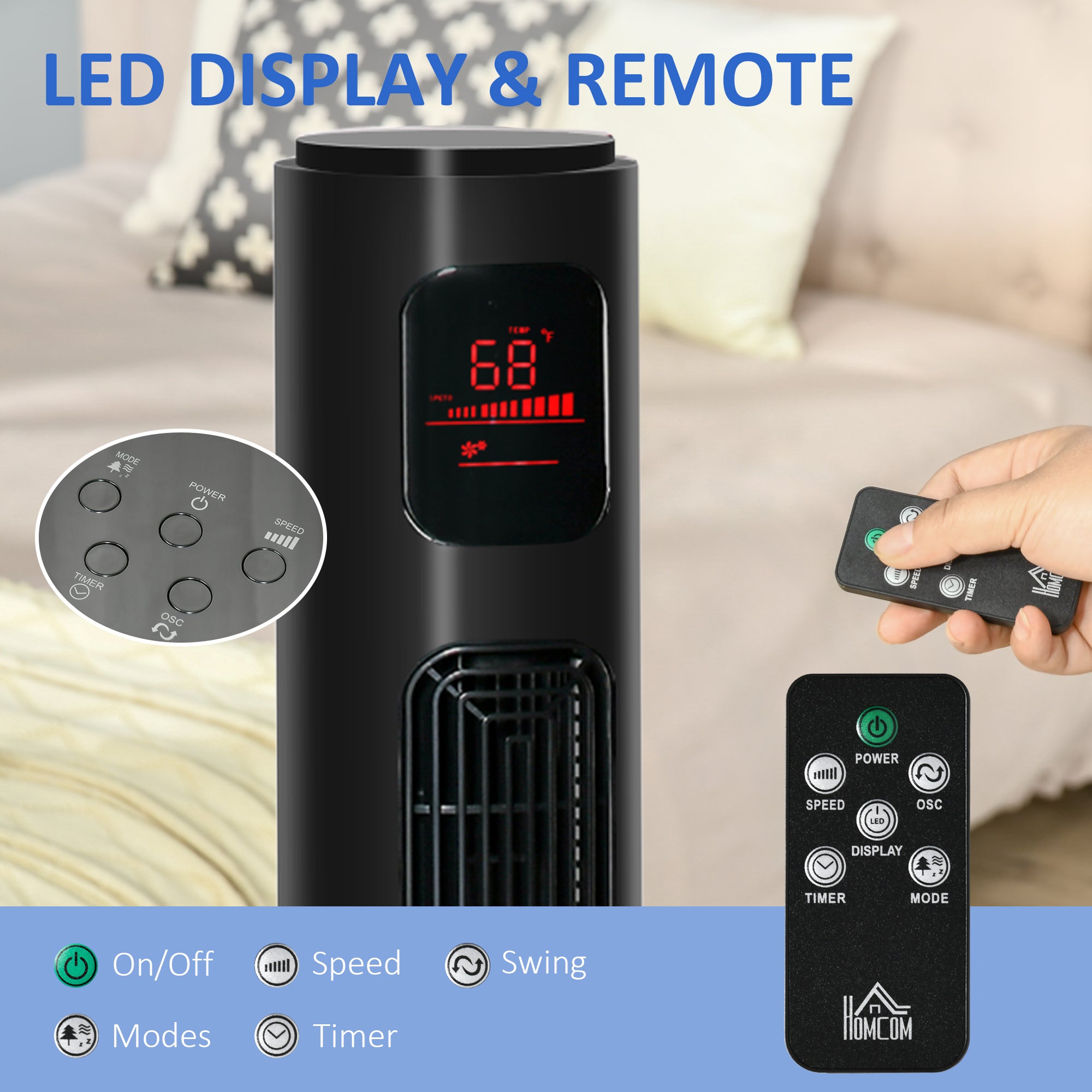 46'' Tower Fan for Bedroom, 70° Oscillating Bladeless Standing Fan with 3 Speeds, 3 Modes, 12H Timer, LED Display, Remote Controller, Black