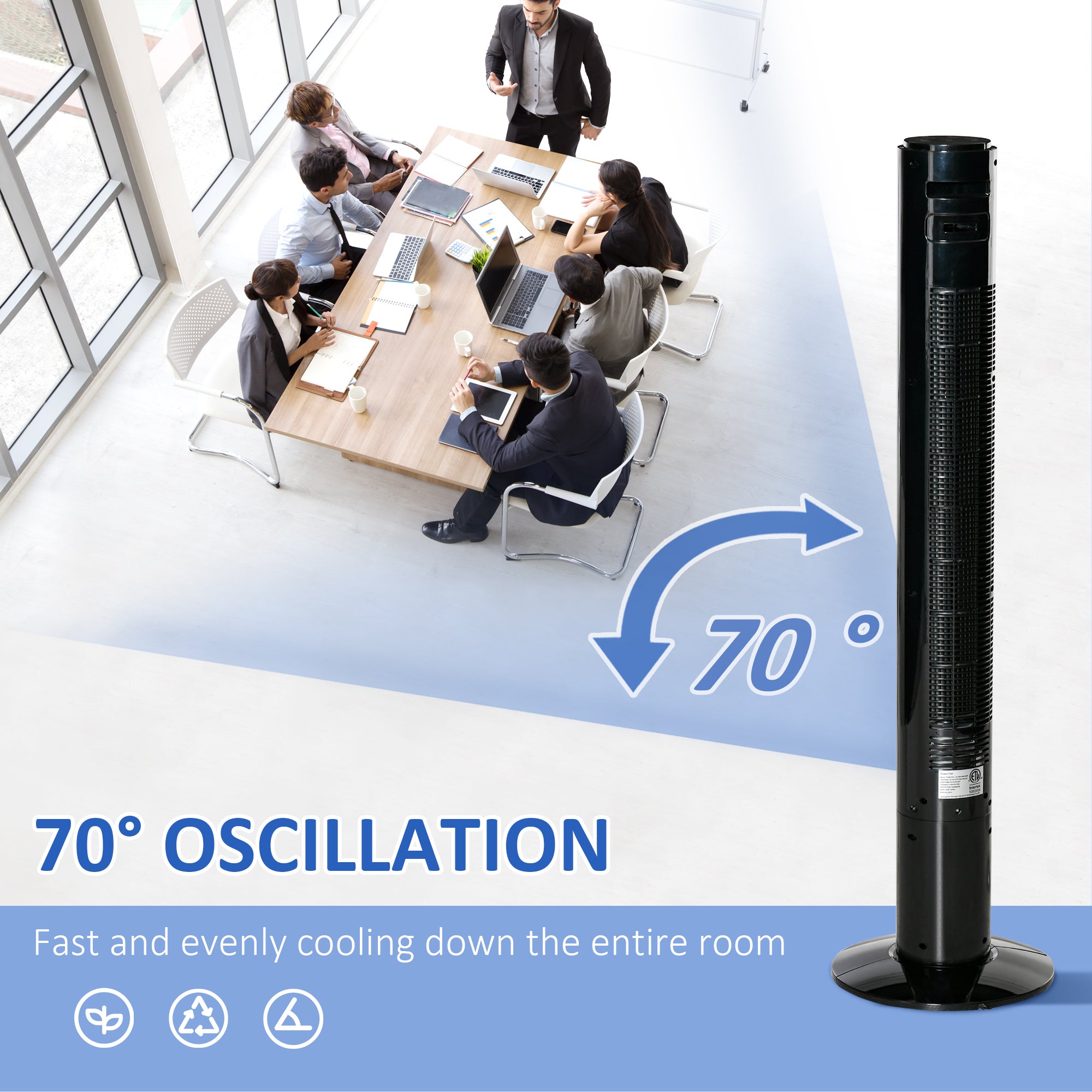 46'' Tower Fan for Bedroom, 70° Oscillating Bladeless Standing Fan with 3 Speeds, 3 Modes, 12H Timer, LED Display, Remote Controller, Black