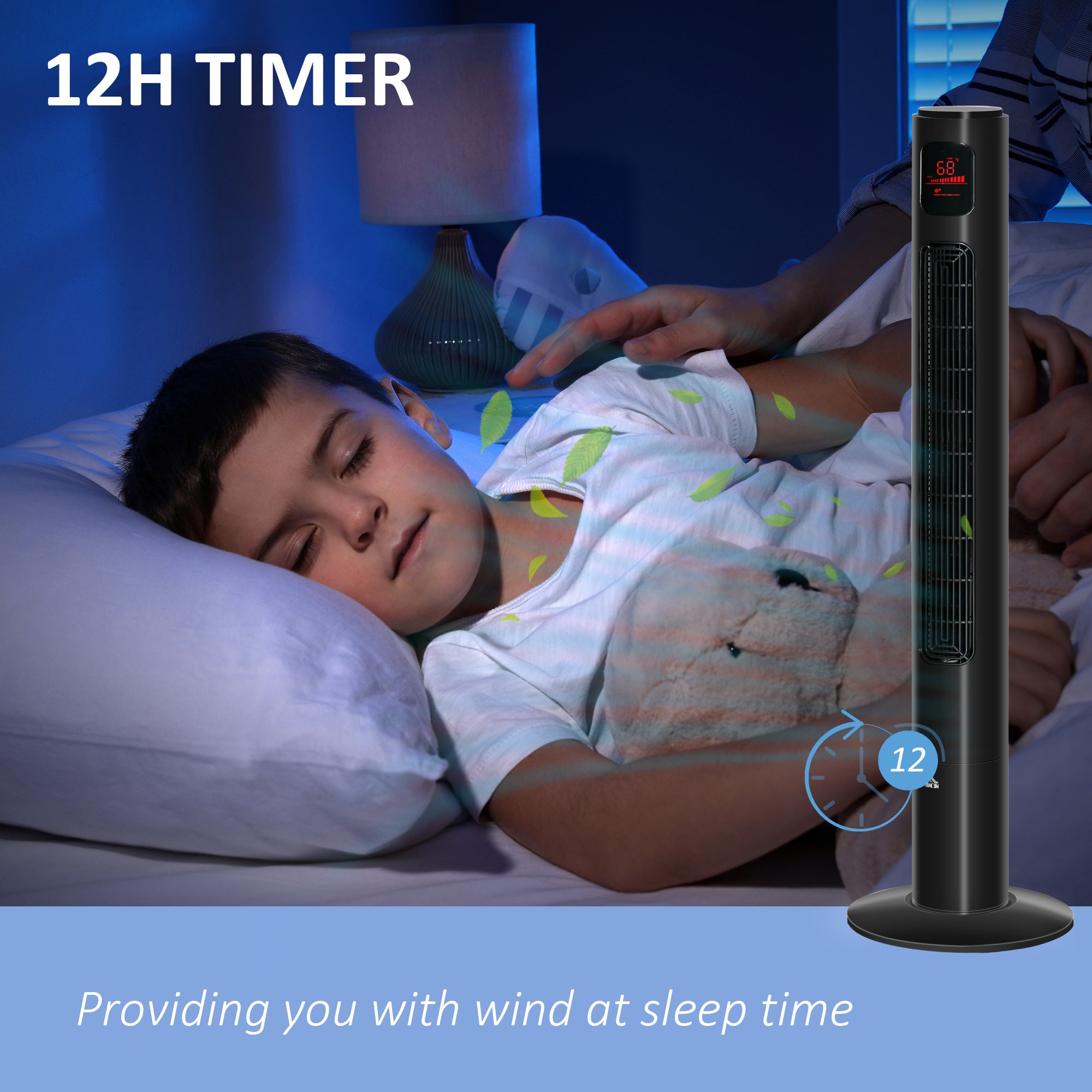 46'' Tower Fan for Bedroom, 70° Oscillating Bladeless Standing Fan with 3 Speeds, 3 Modes, 12H Timer, LED Display, Remote Controller, Black