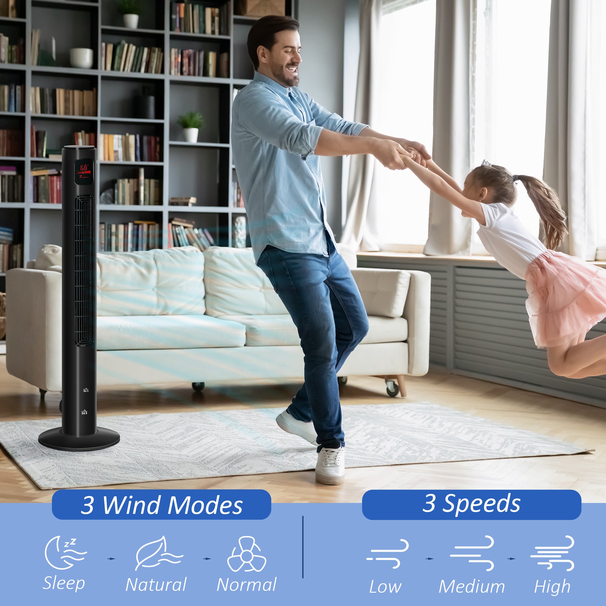 46'' Tower Fan for Bedroom, 70° Oscillating Bladeless Standing Fan with 3 Speeds, 3 Modes, 12H Timer, LED Display, Remote Controller, Black