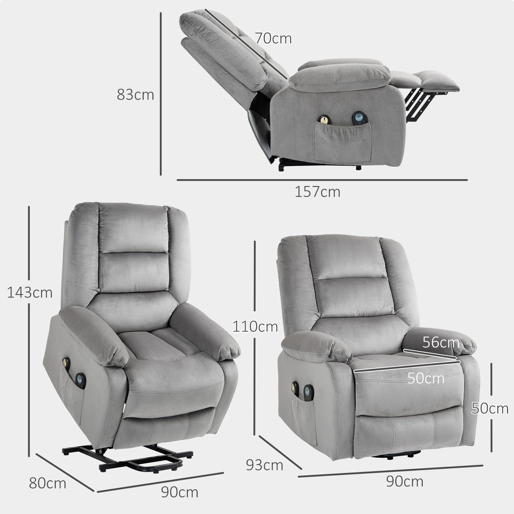 HOMCOM Power Lift Riser and Recliner Chair with Vibration Massage and Heat, Velvet Fabric Electric Recliner Armchair for Elderly with Remote Controllers, Side Pocket, Quick Assembly, Grey