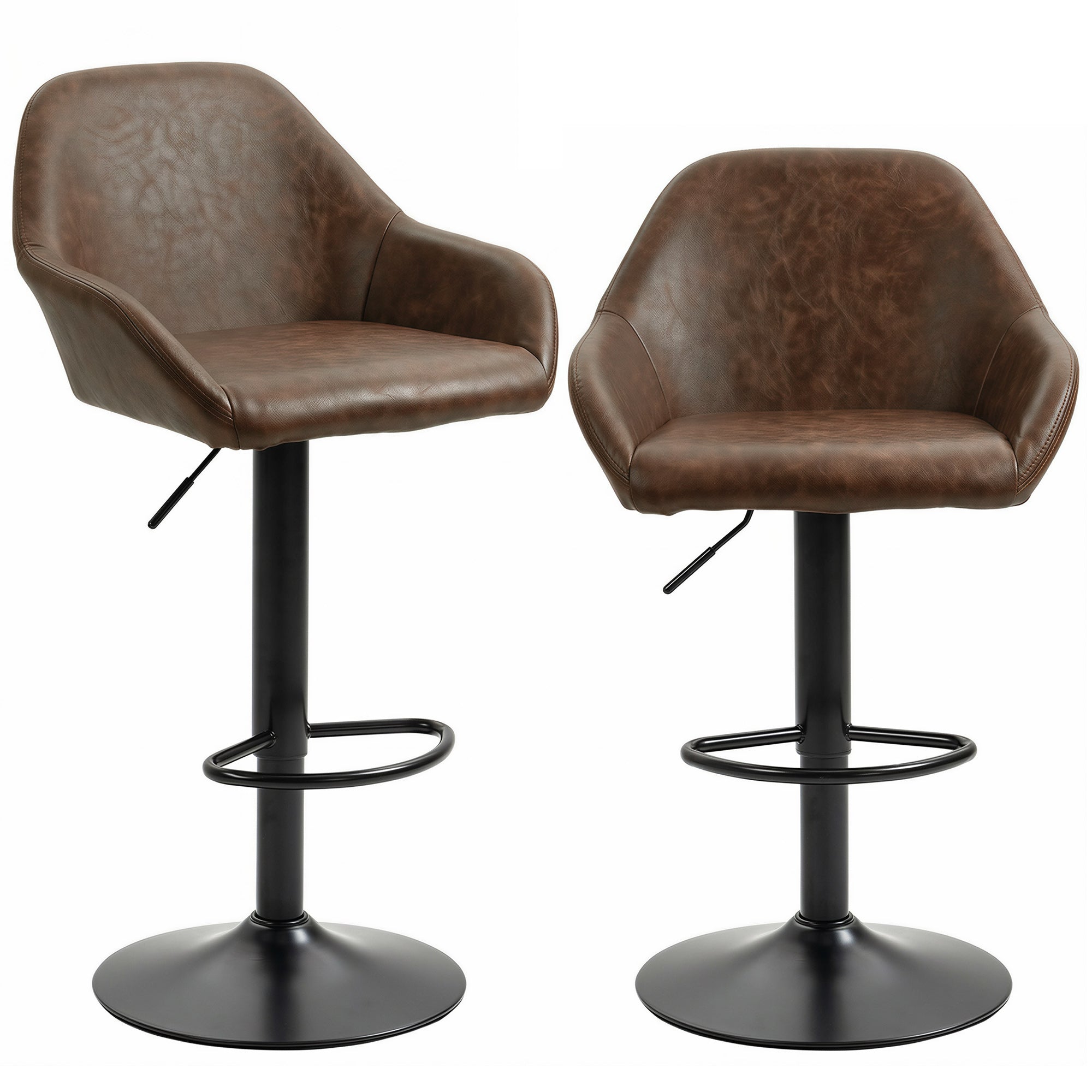 Adjustable Bar Stools Set of 2, Swivel Dining Chairs with Footrest and Back, Modern PU Leather and Steel Round Base, for Kitchen Counter and Dining Room, Coffee