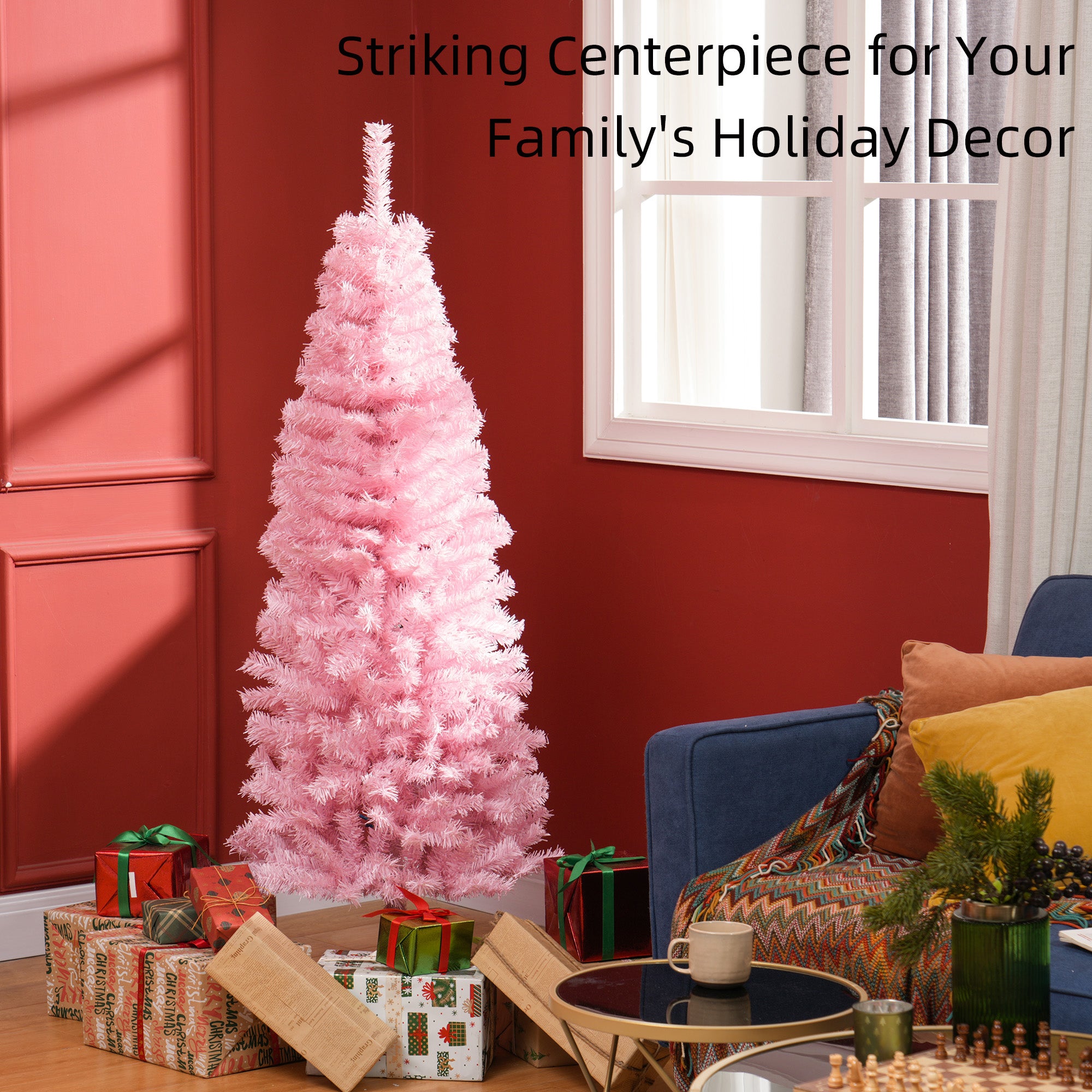 HOMCOM 5FT Artificial Christmas Tree Holiday Xmas Holiday Pencil Tree Decoration with Automatic Open for Home Party, Pink