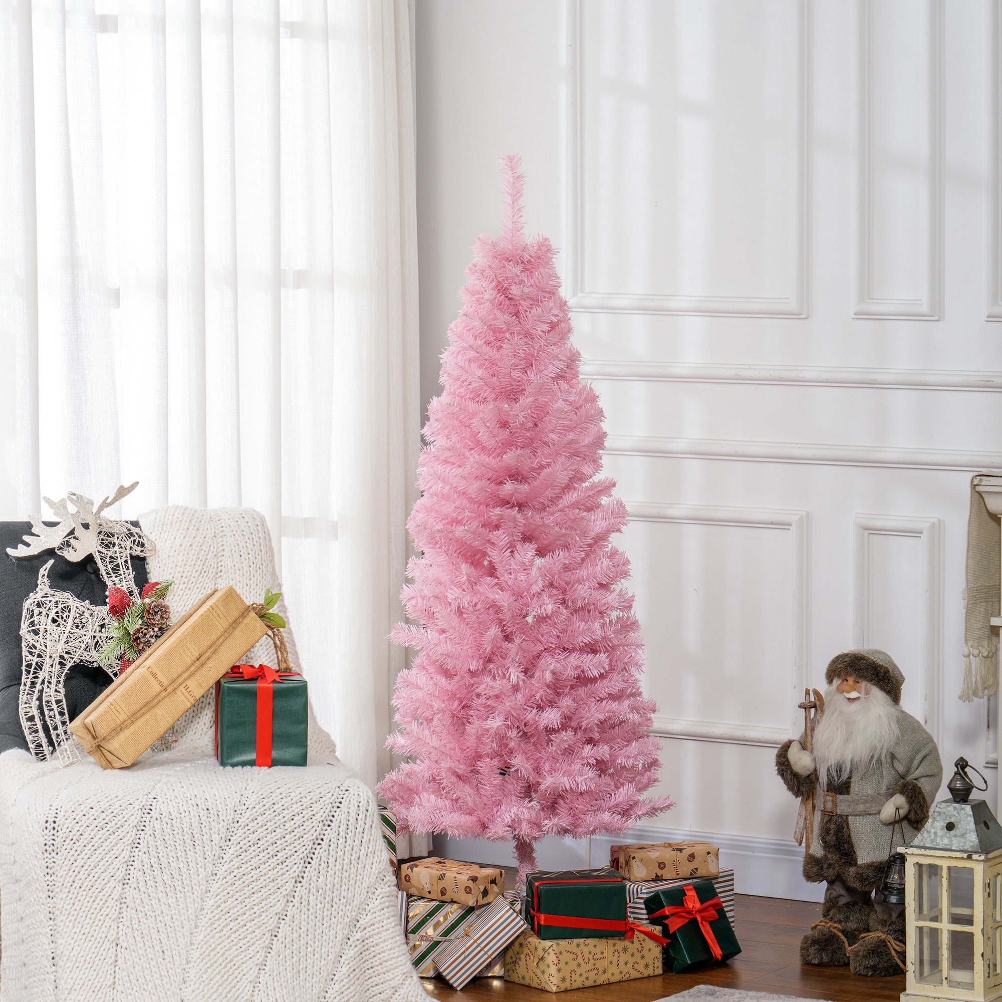 HOMCOM 5FT Artificial Christmas Tree Holiday Xmas Holiday Pencil Tree Decoration with Automatic Open for Home Party, Pink