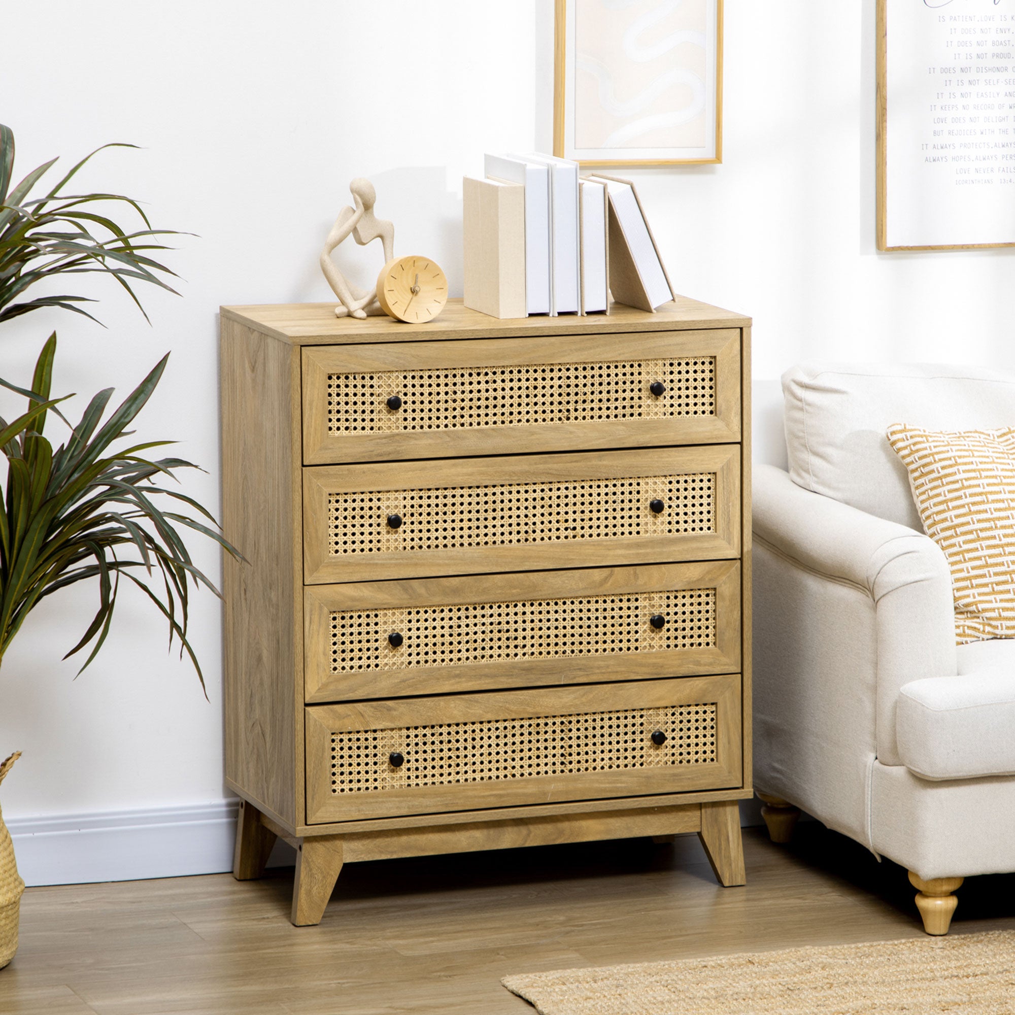 HOMCOM Chest of Drawers, 4-Drawer Storage Organiser Unit with Rattan Element for Bedroom, Living Room, Wood Effect