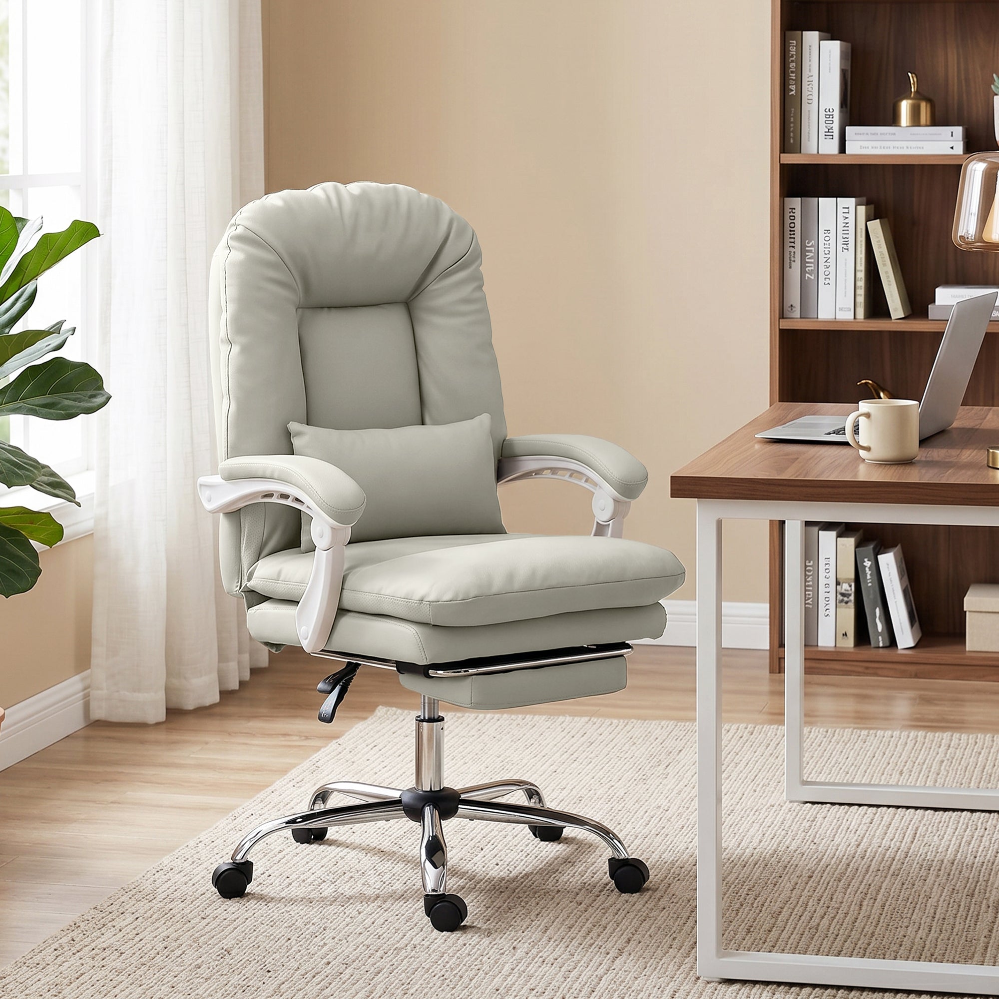 Ergonomic Executive Office Chair, Velvet Reclining Computer Desk Chair with Lumbar Support, Footrest, Plush Thick Cushion, 360° Swivel for Home Office, Khaki