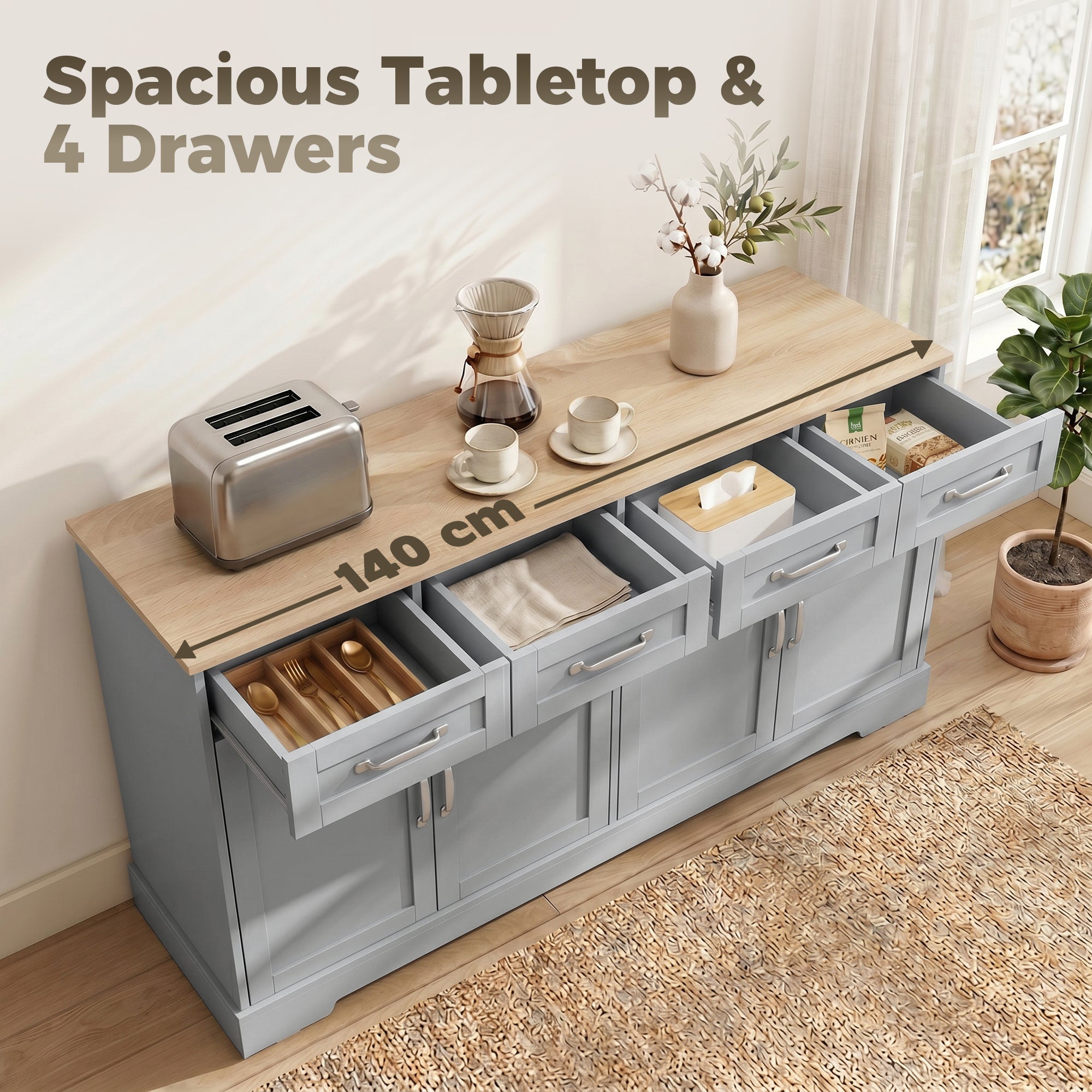 Sideboard Buffet Cabinet, 140 cm Modern Farmhouse Kitchen Storage Cabinet with 4 Drawers, 4 Doors and 2 Adjustable Shelves, Coffee Bar Station, Grey