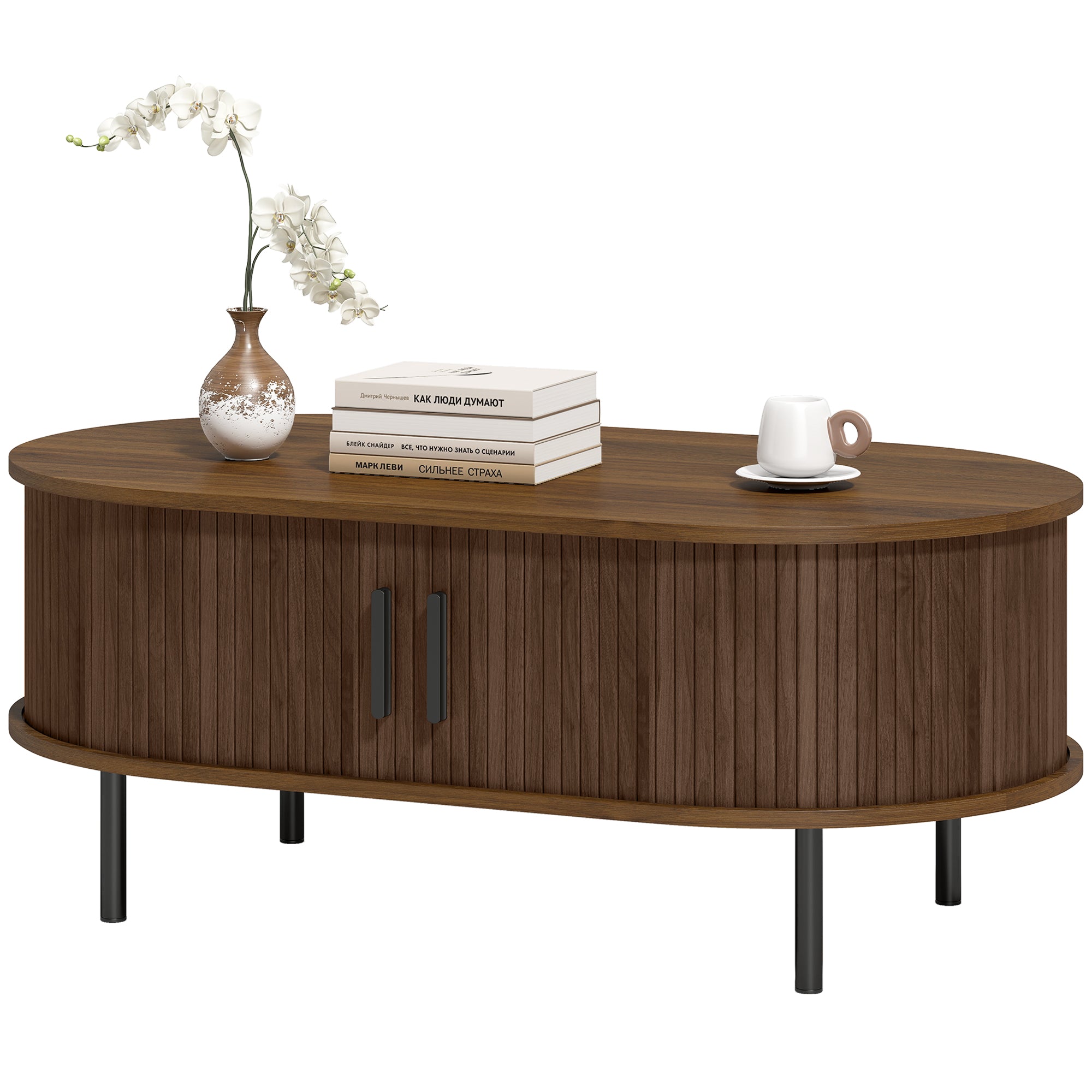 Mid-Century Modern Coffee Table, Center Table for Living Room with Storage, Sliding Tambour Doors, Rounded Edges and Metal Legs, Brown