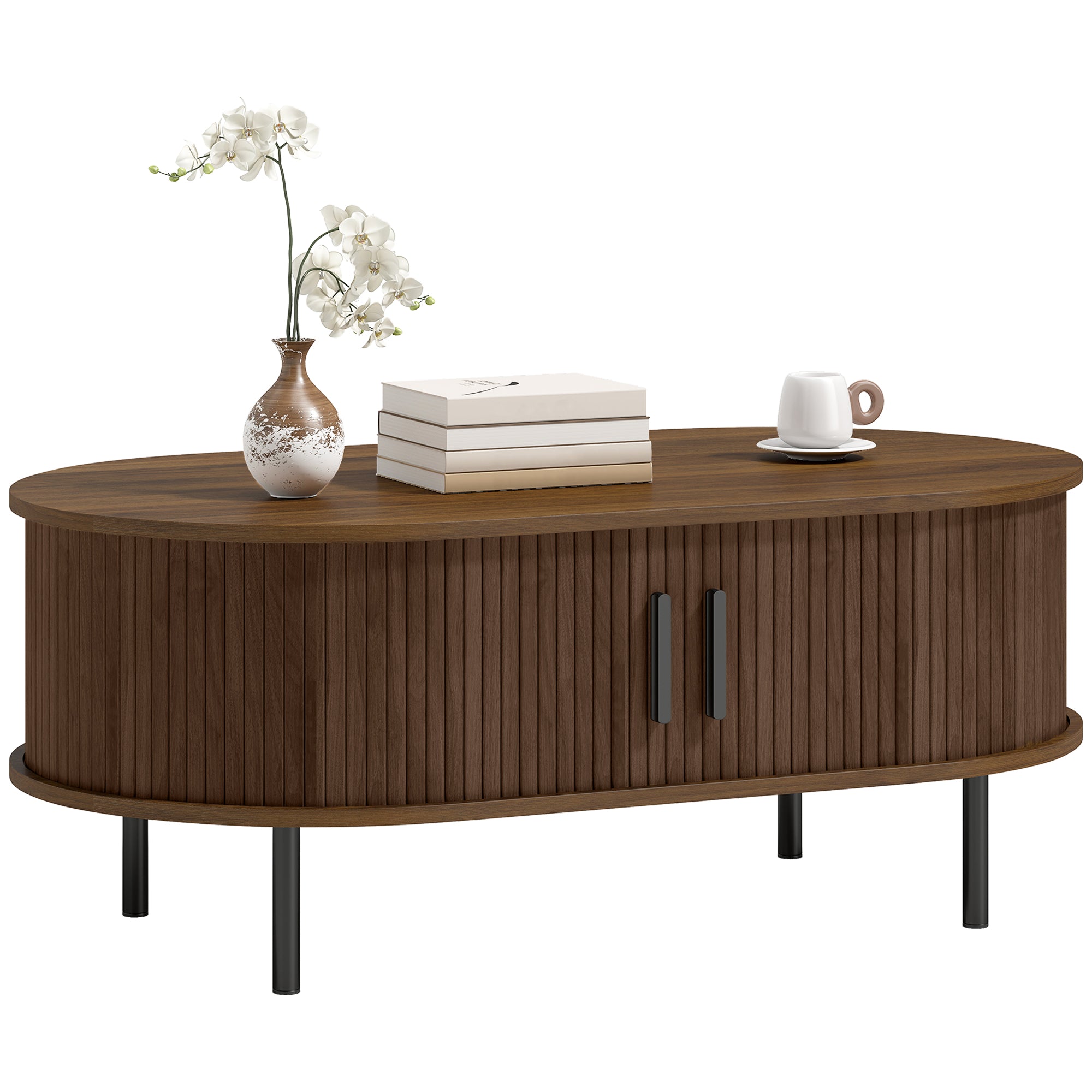 Mid-Century Modern Coffee Table, Center Table for Living Room with Storage, Sliding Tambour Doors, Rounded Edges and Metal Legs, Brown