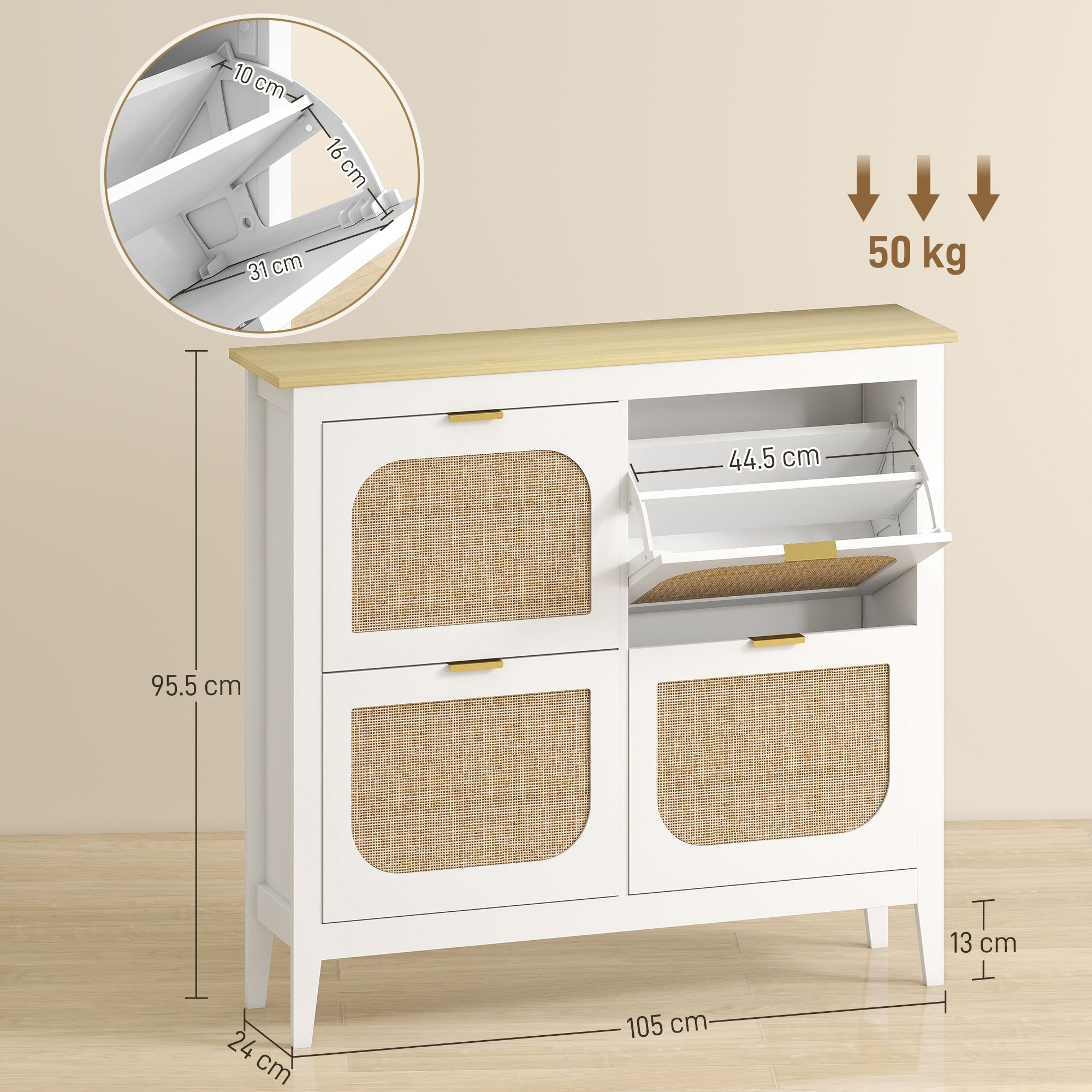 Shoe Storage Cabinet with 4 Flip Drawers, Boho Slim Shoe Cabinet with Rattan Doors for Entryway, Hallway, Holds 20 Pairs, White
