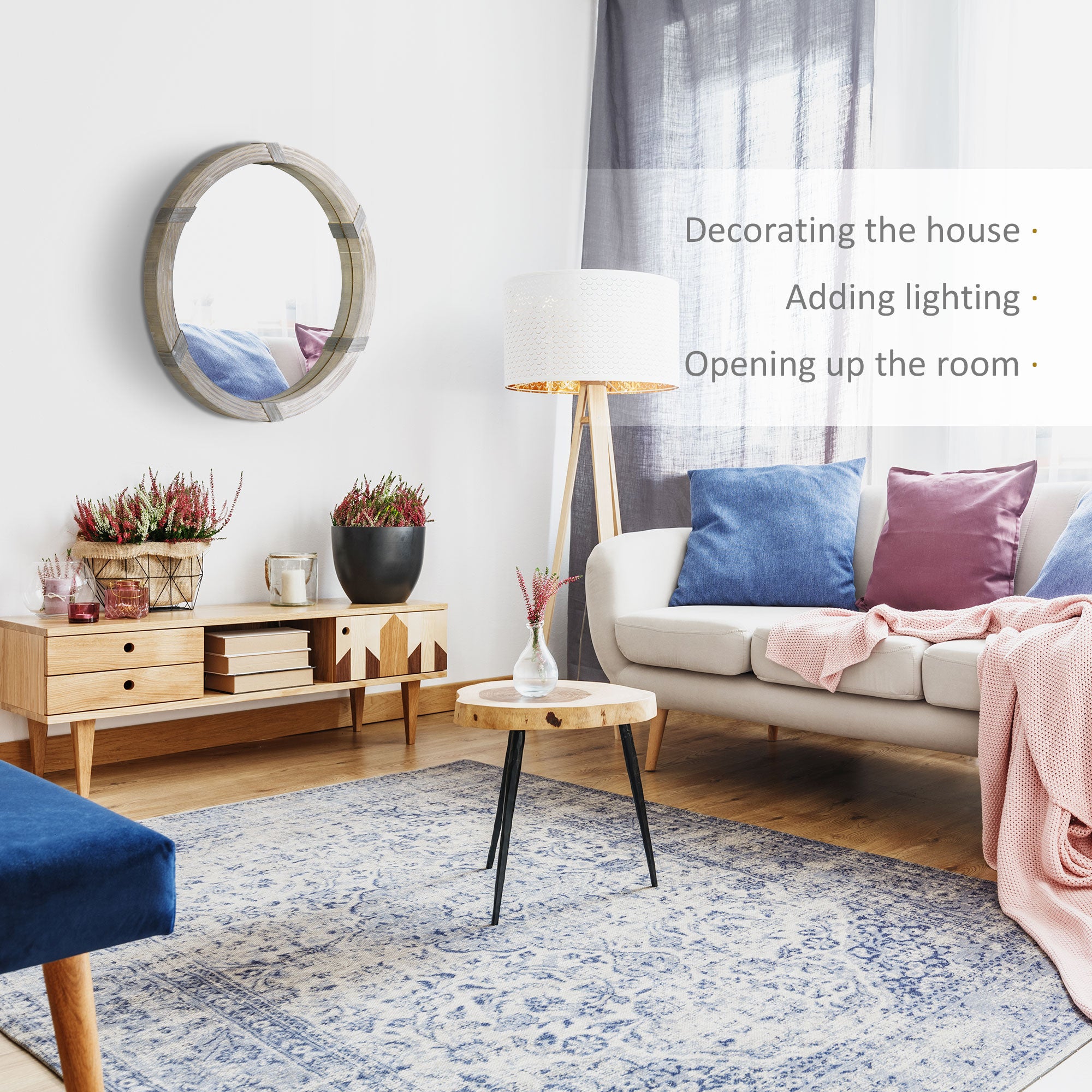 30.75" Round Wood Wall Mirror, Farmhouse Decorative, Living Room, Bedroom, Natural Wood