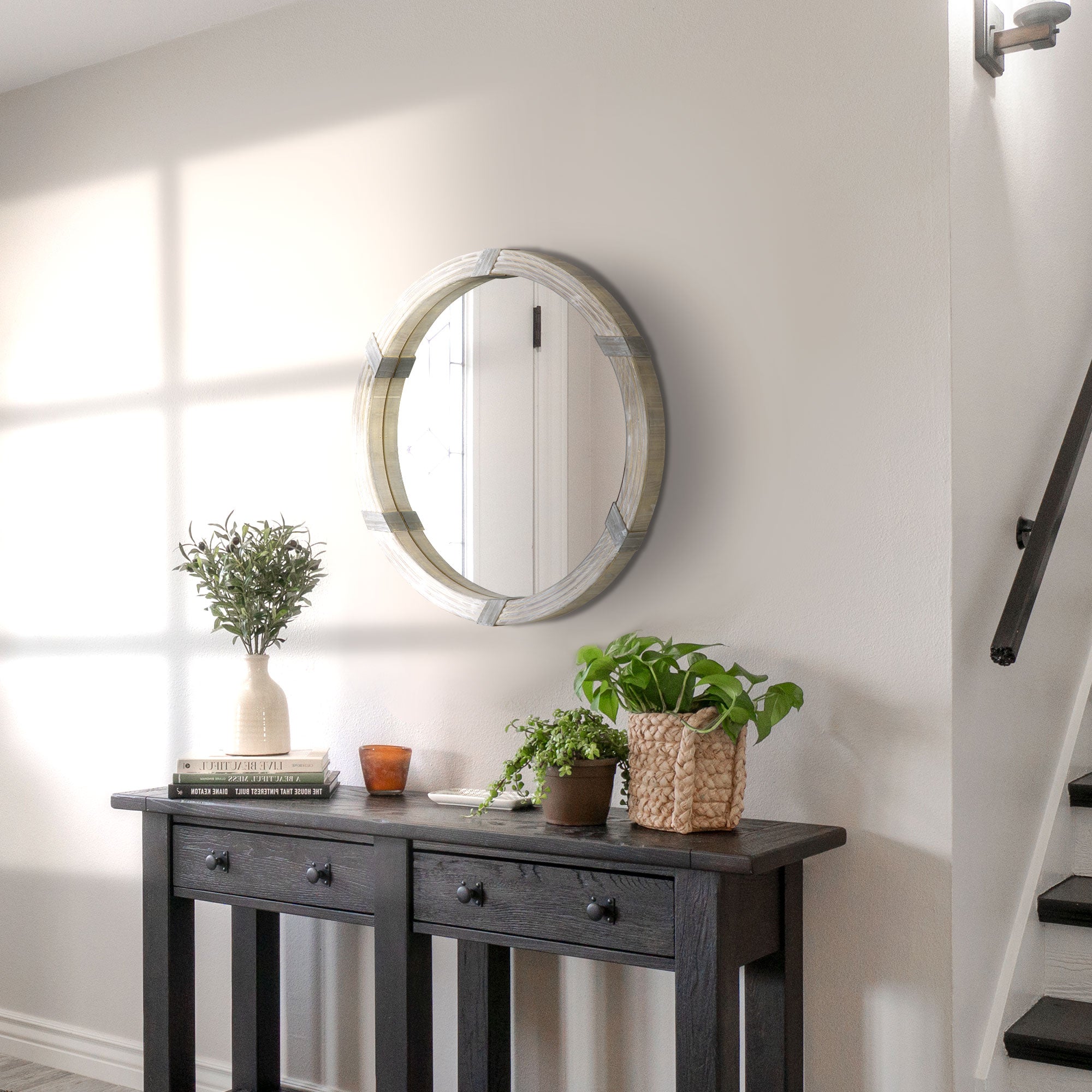 30.75" Round Wood Wall Mirror, Farmhouse Decorative, Living Room, Bedroom, Natural Wood