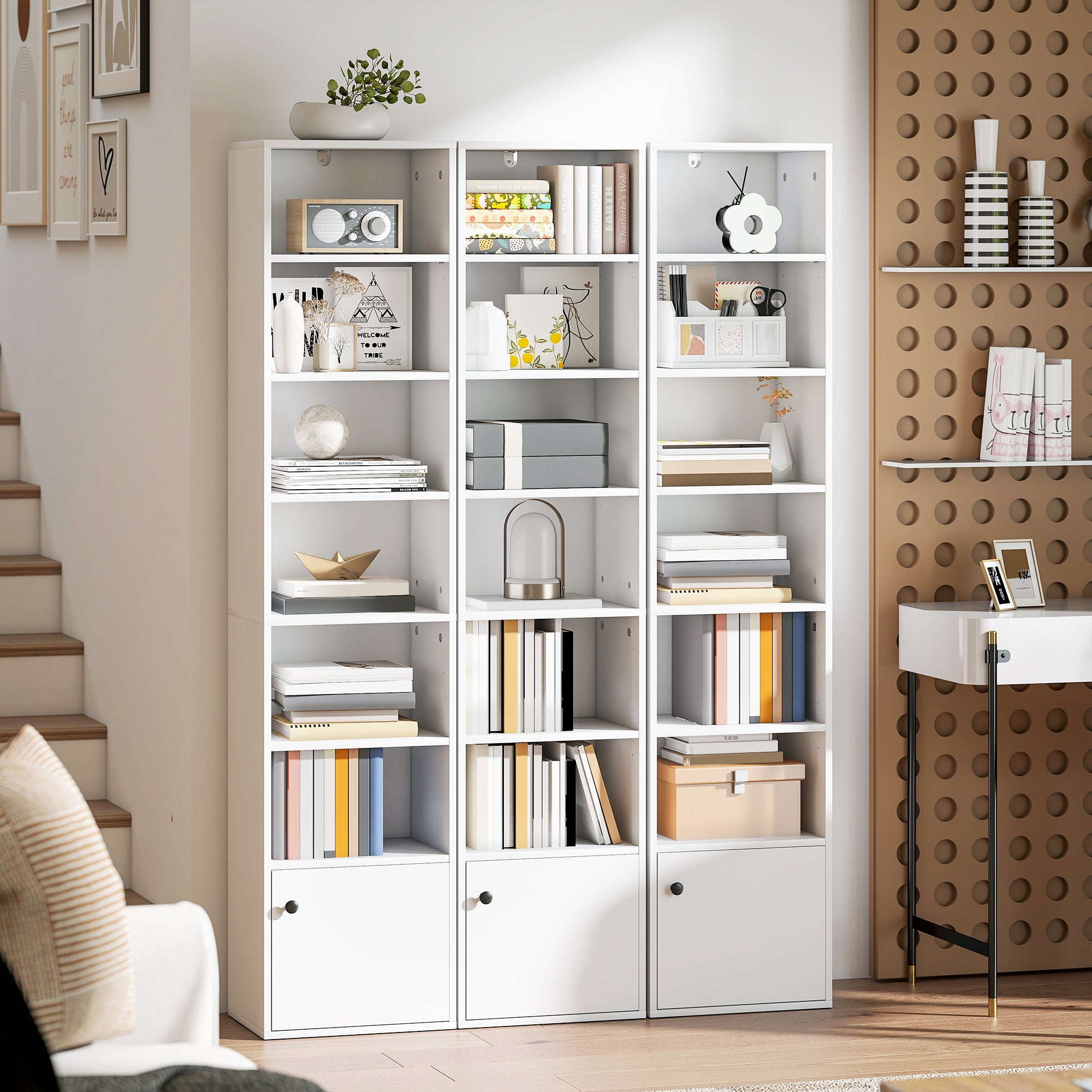 7-Tier Bookcase with Adjustable Shelf, Modern Freestanding Display Shelf Unit with Cabinet for Living Room, Office, White