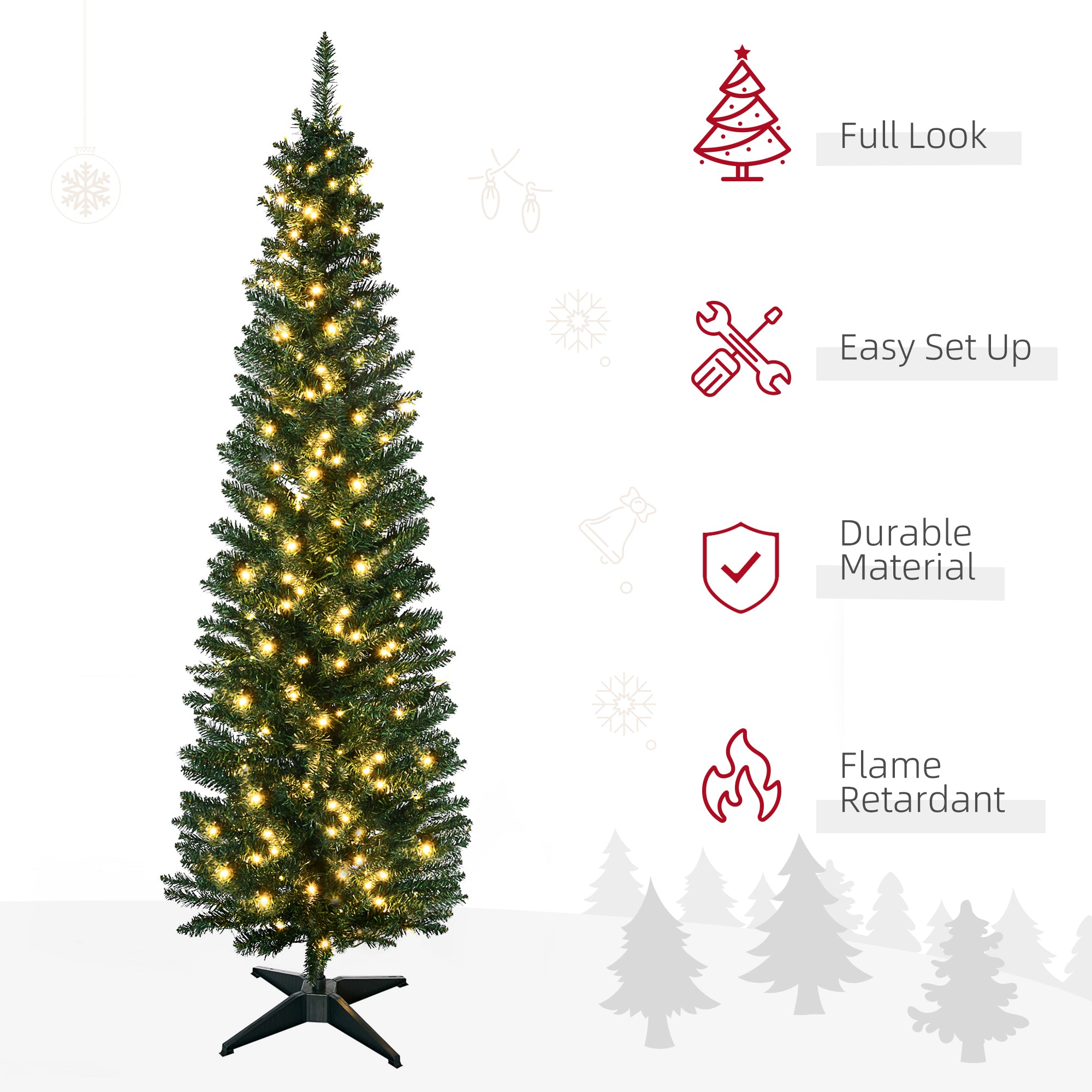 HOMCOM 7 ft Pre-Lit Noble Fir Slim Artificial Christmas Tree with 499 Tips and 200 Warm White LED Lights, Green