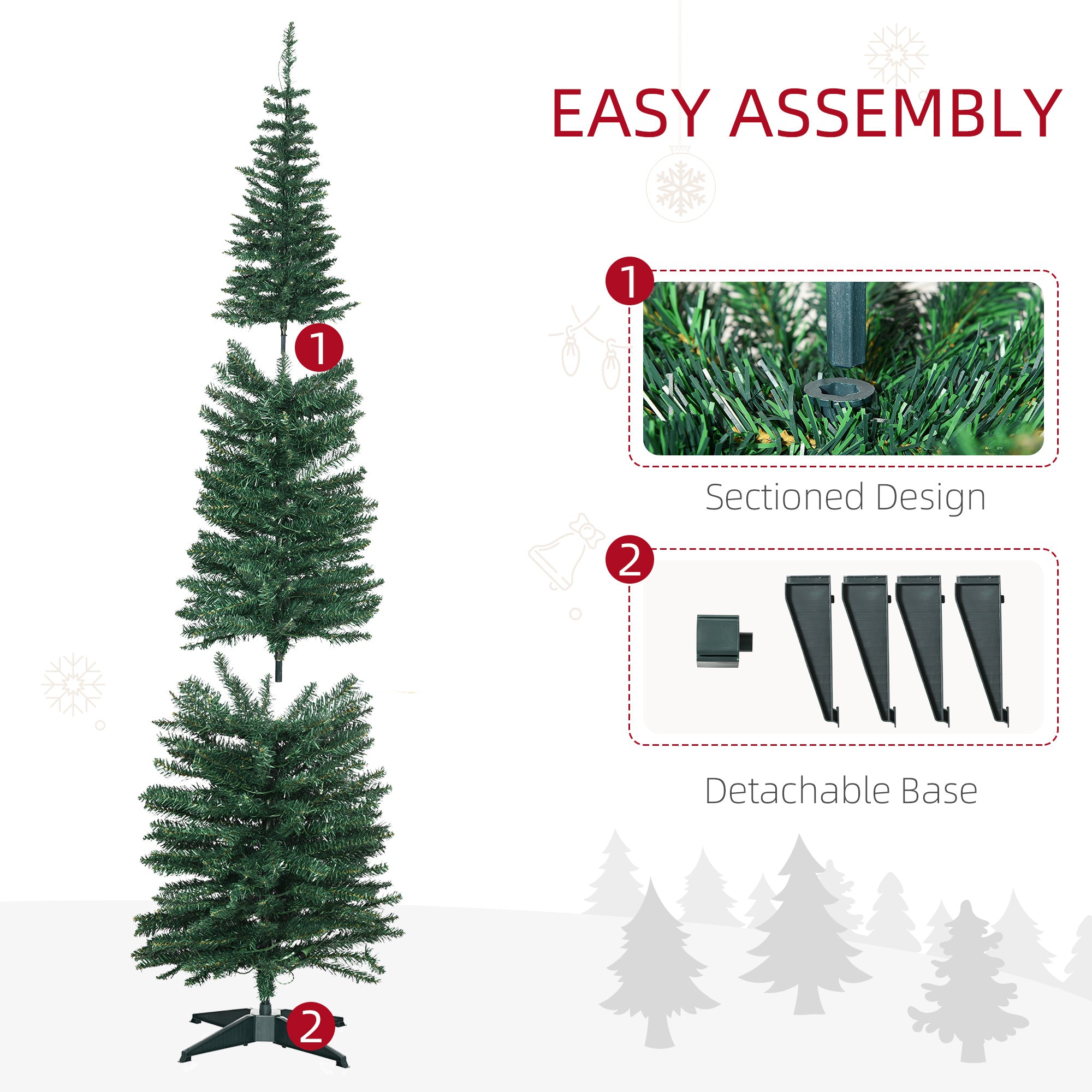 HOMCOM 7 ft Pre-Lit Noble Fir Slim Artificial Christmas Tree with 499 Tips and 200 Warm White LED Lights, Green