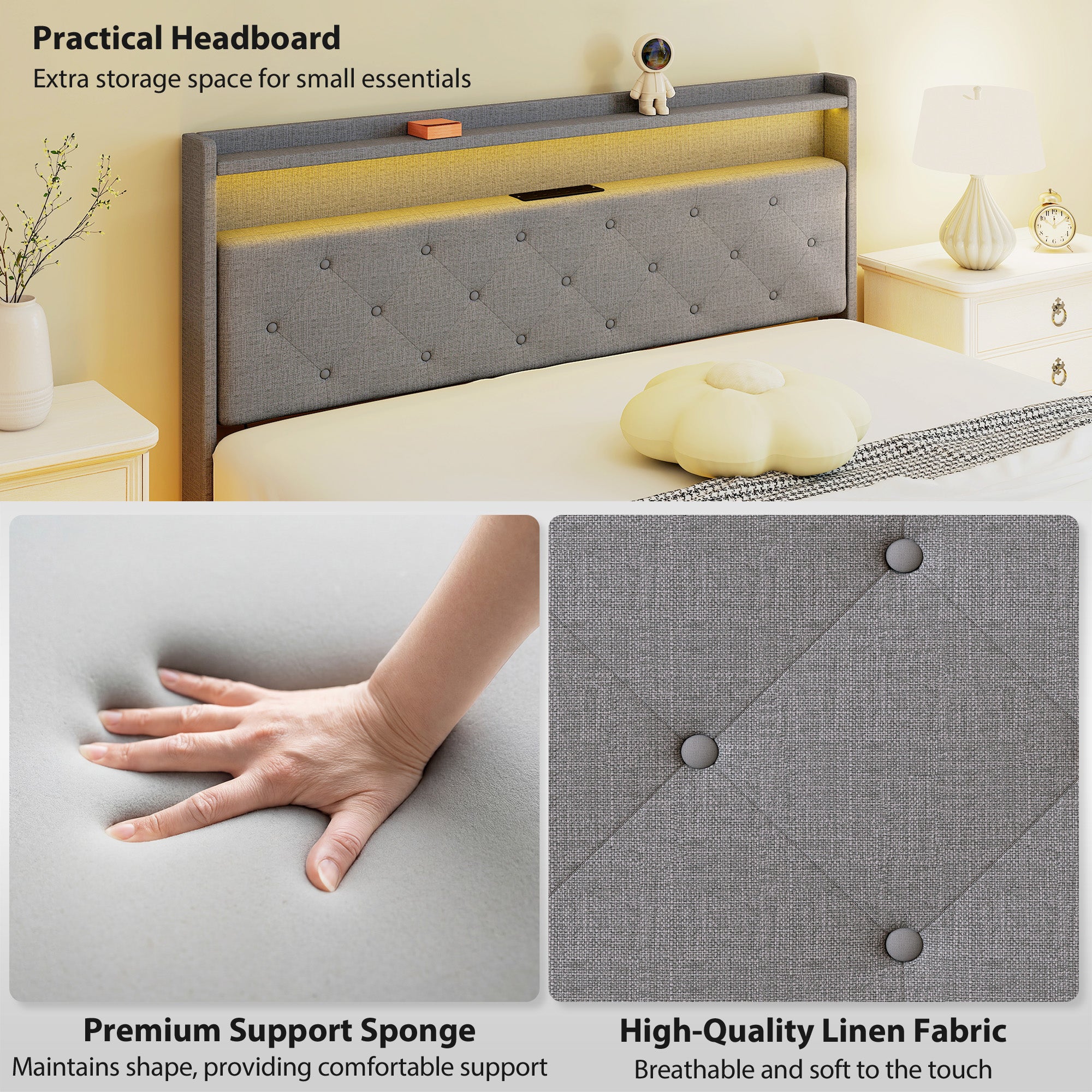 5ft King Size Bed Frame, Floating Bed Frame with Music Sync RGB LED Lights and Charging Station, Upholstered Headboard with Storage Shelves, No Box Spring Needed, Noise Free, Grey