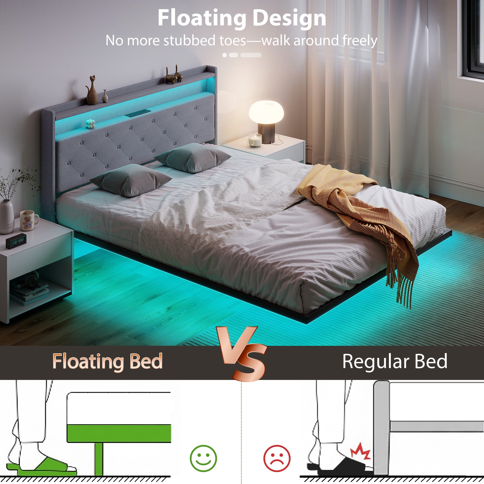 5ft King Size Bed Frame, Floating Bed Frame with Music Sync RGB LED Lights and Charging Station, Upholstered Headboard with Storage Shelves, No Box Spring Needed, Noise Free, Grey