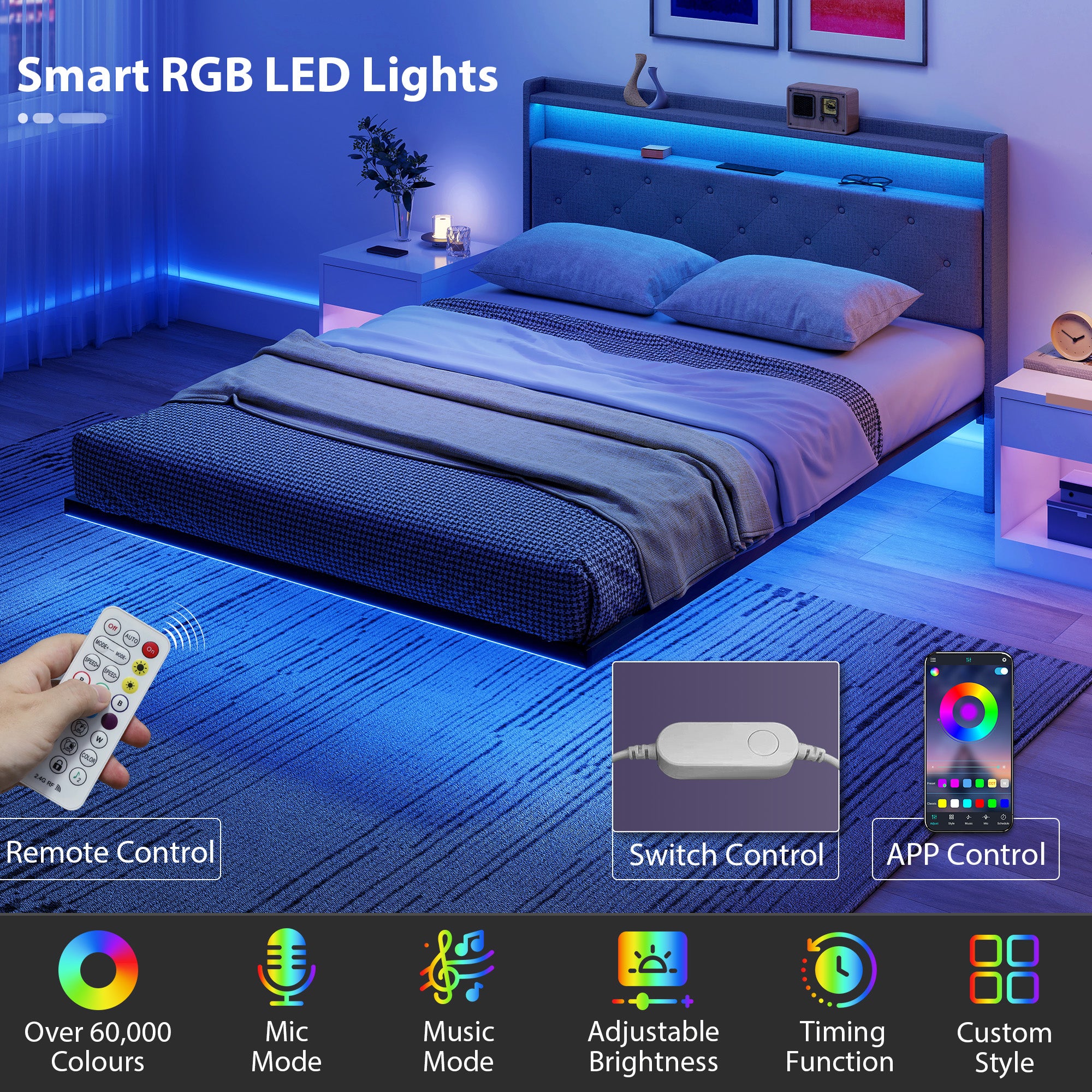 5ft King Size Bed Frame, Floating Bed Frame with Music Sync RGB LED Lights and Charging Station, Upholstered Headboard with Storage Shelves, No Box Spring Needed, Noise Free, Grey