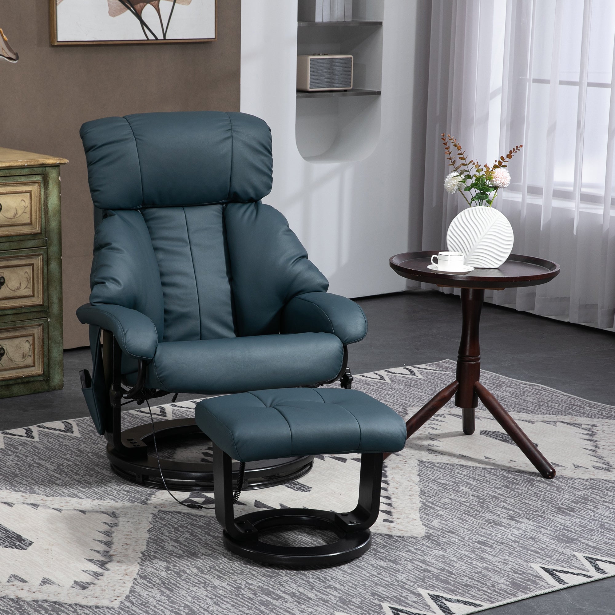 Massage Recliner Chair with Ottoman, 360° Swivel Recliner and Footstool, 10-Point Vibration, PU Leather Reclining Chair with Remote Control, Blue