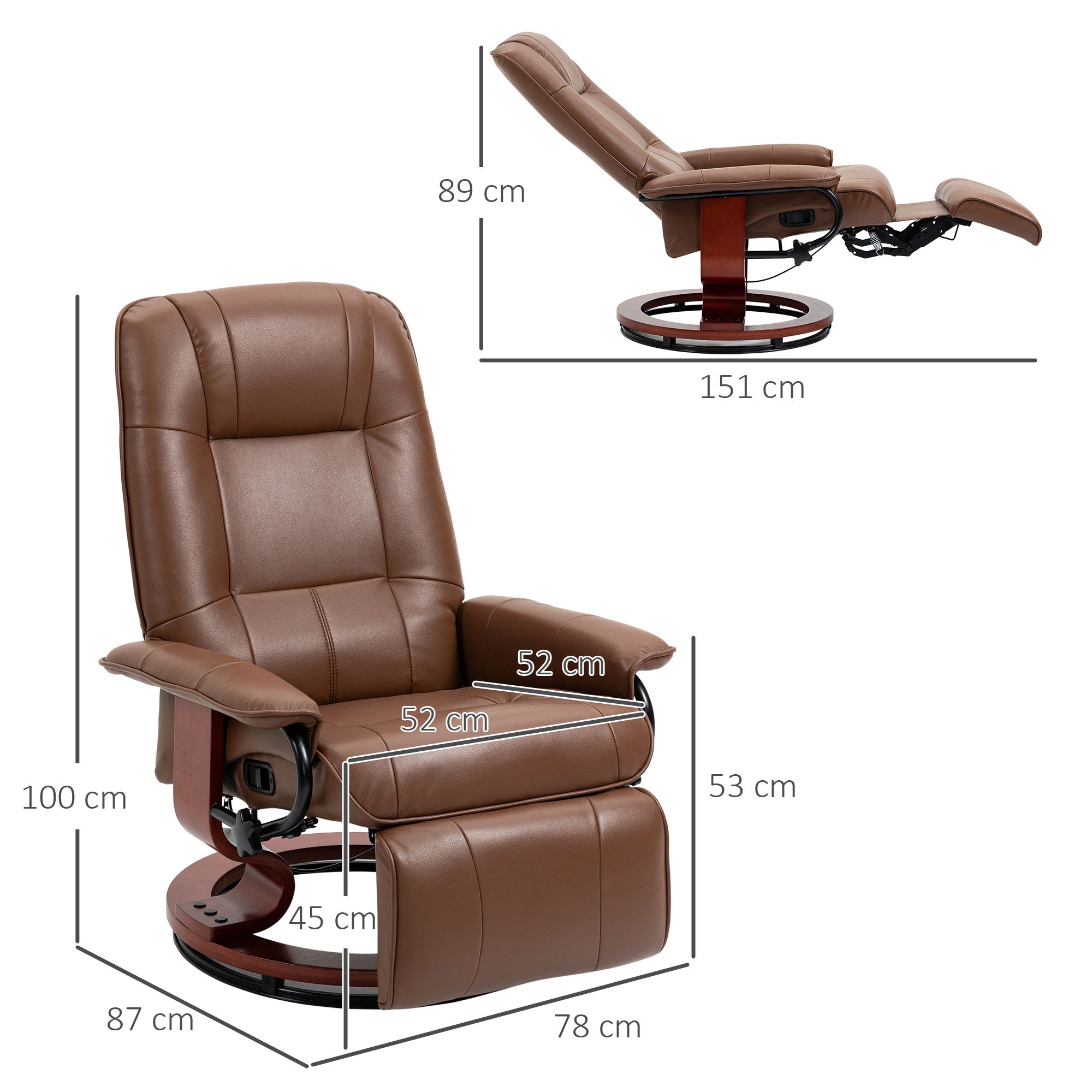 Manual Recliner Chair Armchair Sofa with Faux Leather Upholstered Wooden Base for Living Room Bedroom, Brown