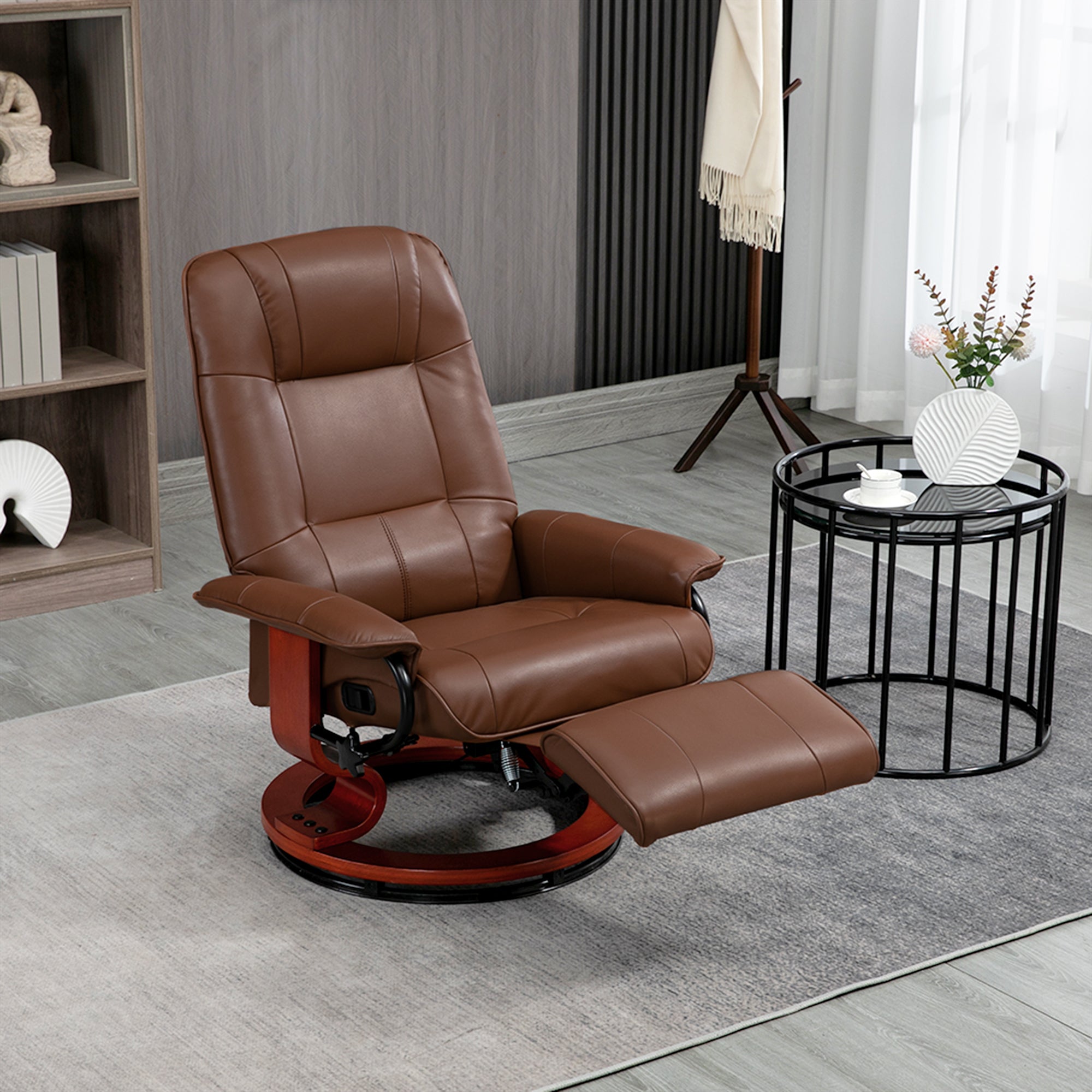 Manual Recliner Chair Armchair Sofa with Faux Leather Upholstered Wooden Base for Living Room Bedroom, Brown