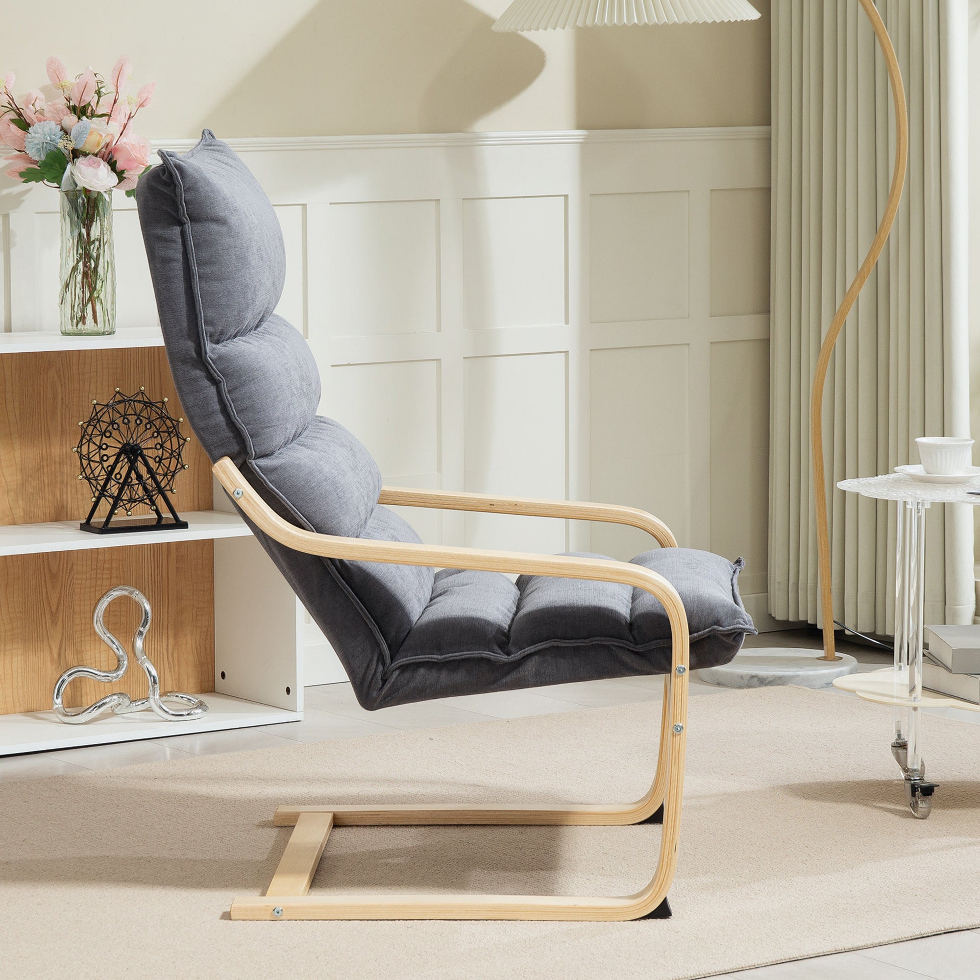 Birch Wood Fabric Modern Armchair, Accent Chair with Curved Leg and Arm, Leisure Lounge Chair for Living Room, Bedroom, Balcony, Office, Grey