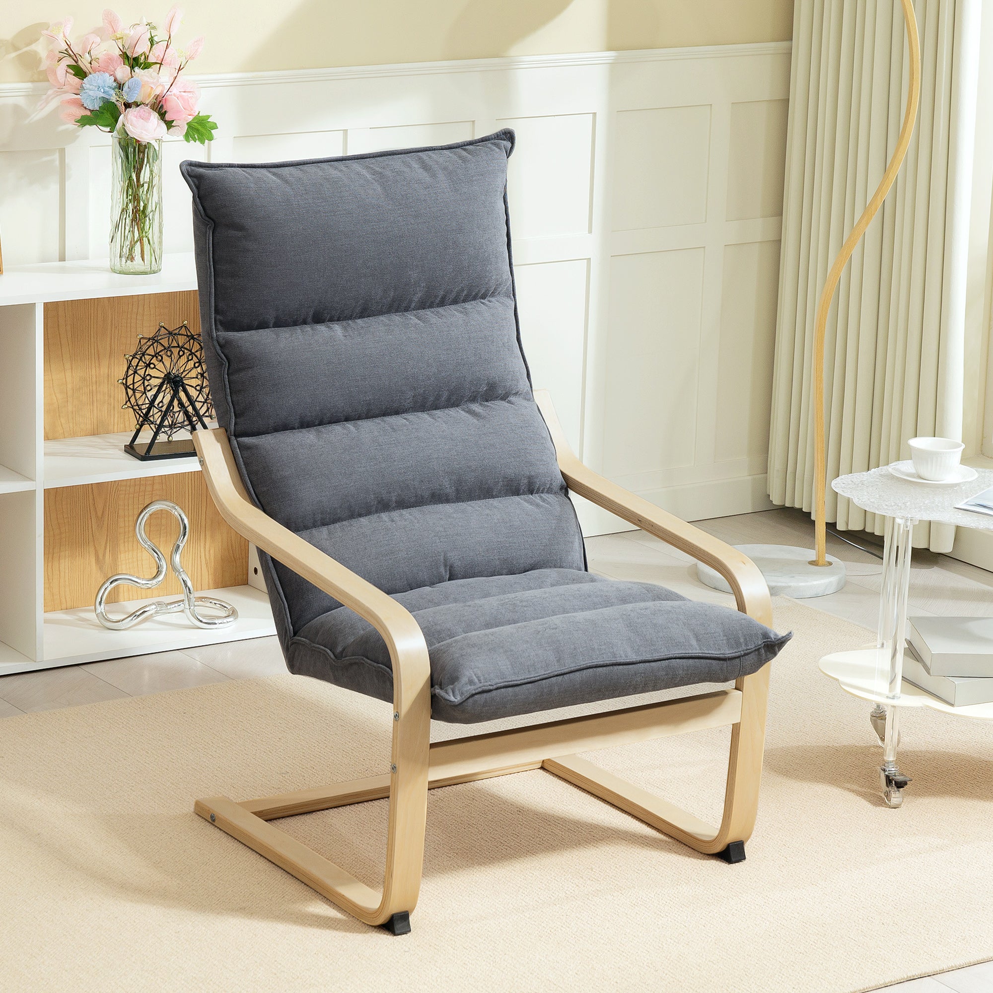 Birch Wood Fabric Modern Armchair, Accent Chair with Curved Leg and Arm, Leisure Lounge Chair for Living Room, Bedroom, Balcony, Office, Grey