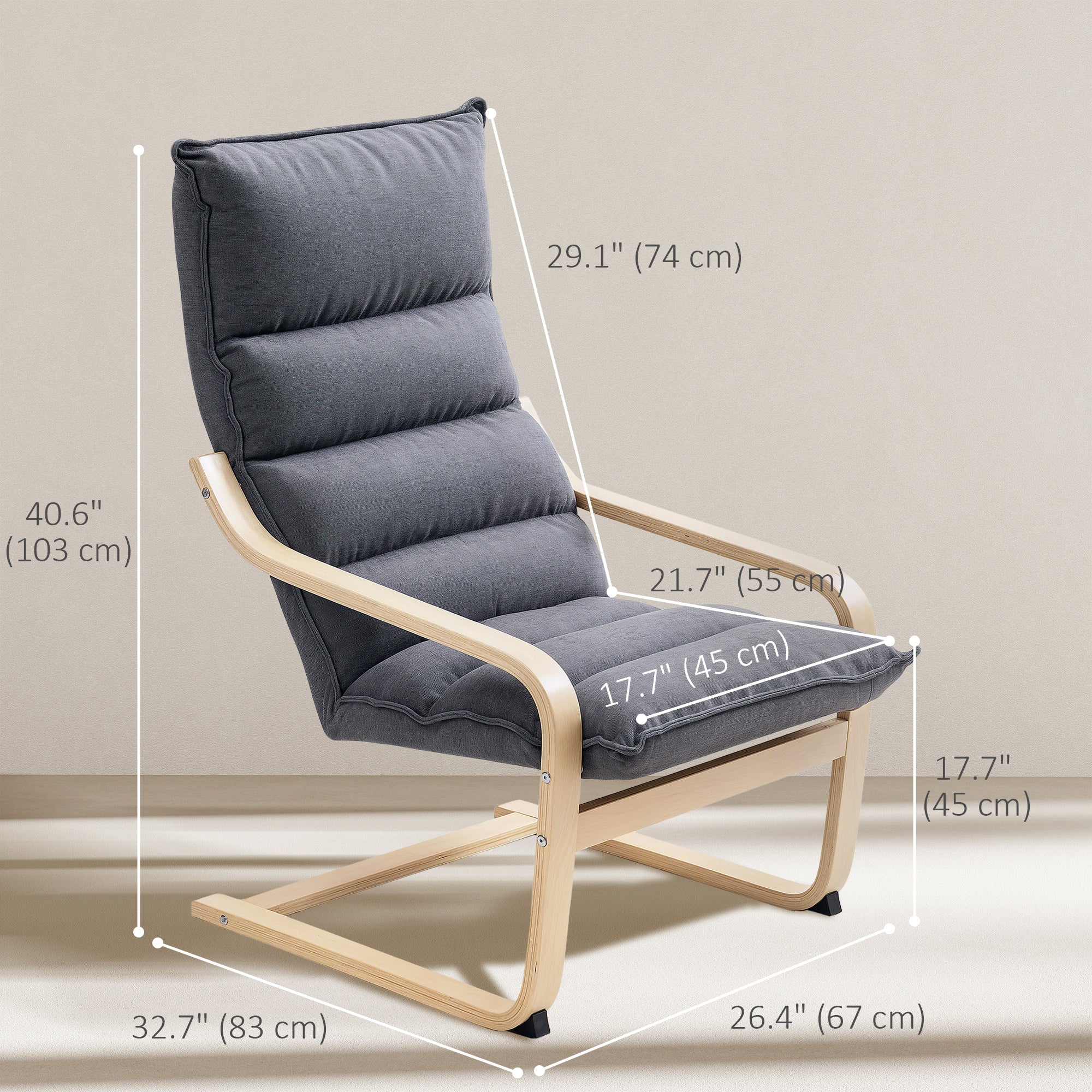 Birch Wood Fabric Modern Armchair, Accent Chair with Curved Leg and Arm, Leisure Lounge Chair for Living Room, Bedroom, Balcony, Office, Grey