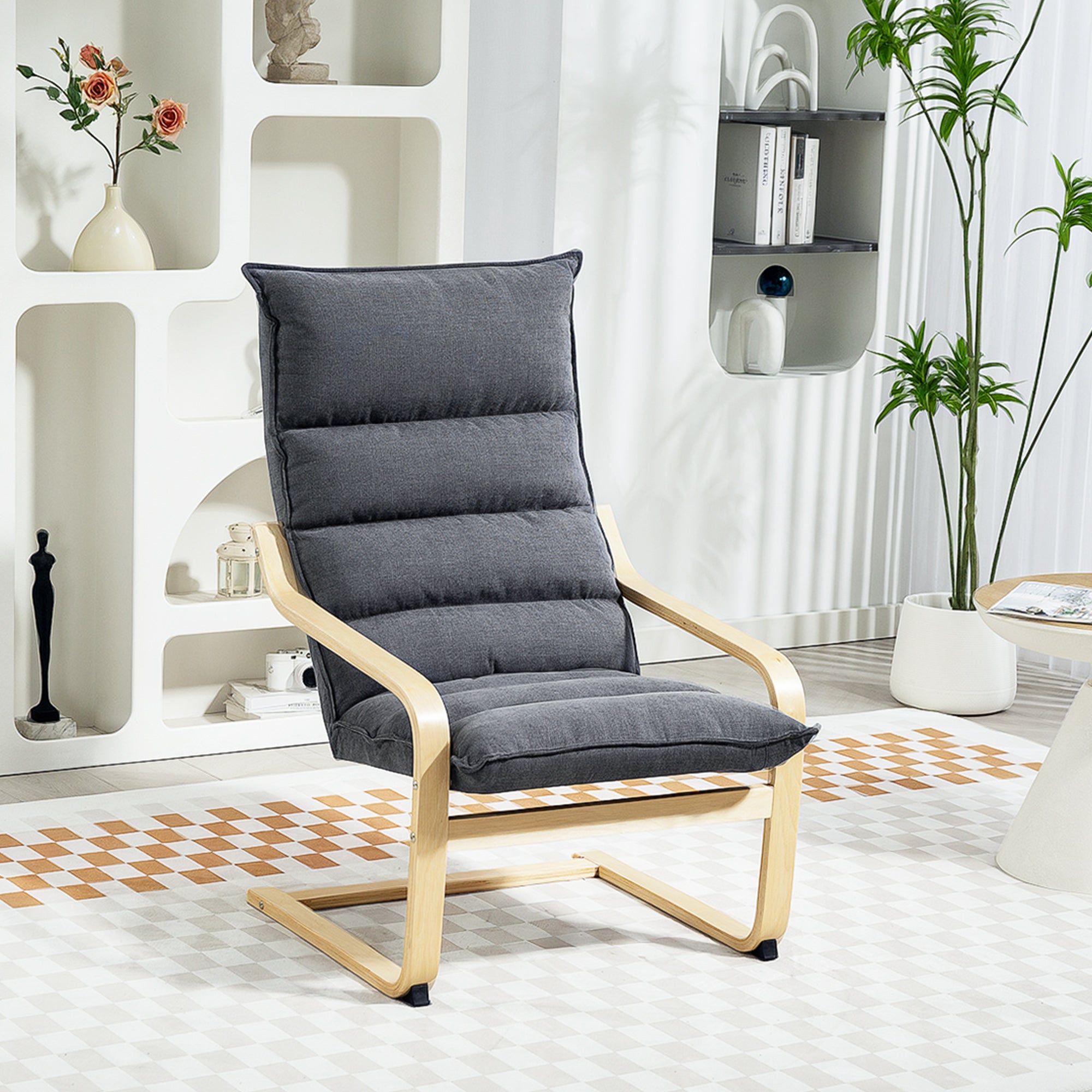 Birch Wood Fabric Modern Armchair, Accent Chair with Curved Leg and Arm, Leisure Lounge Chair for Living Room, Bedroom, Balcony, Office, Grey