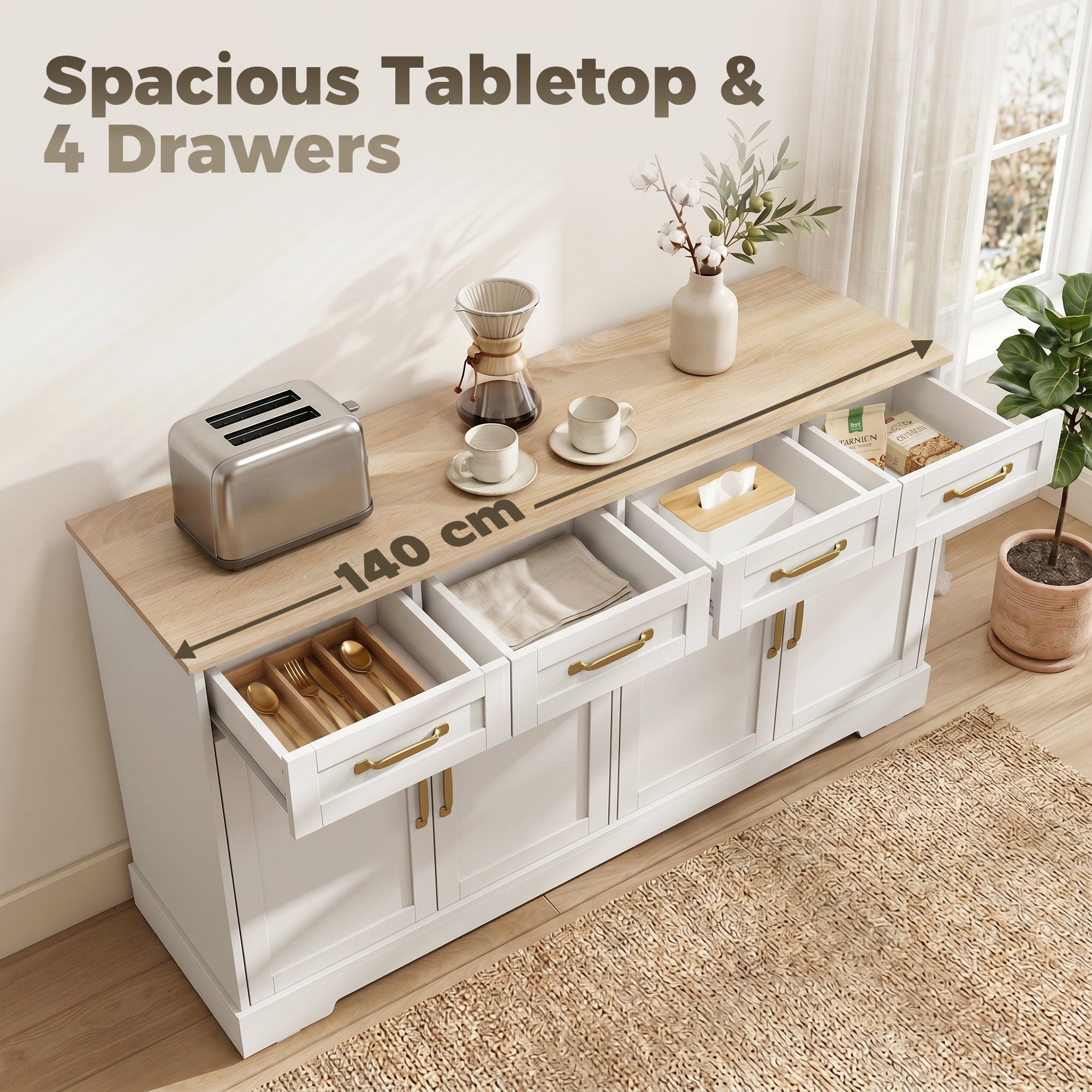 Sideboard Buffet Cabinet, 140 cm Modern Farmhouse Kitchen Storage Cabinet with 4 Drawers, 4 Doors and 2 Adjustable Shelves, Coffee Bar Station, White