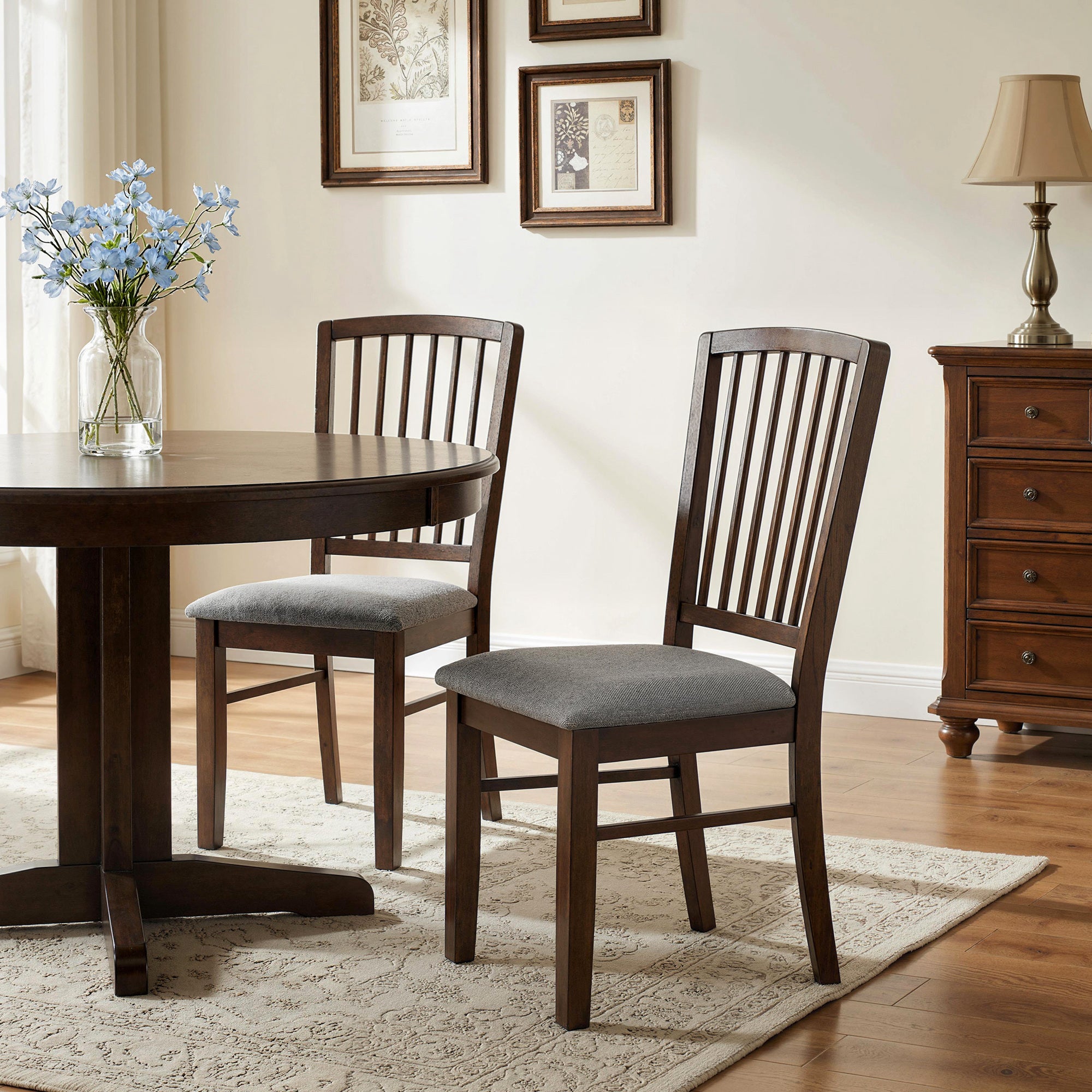 Farmhouse Dining Chairs Set of 2, Upholstered Linen Fabric Kitchen Chairs with Solid Rubberwood Legs for Kitchen, Dining Room, Burn Brown