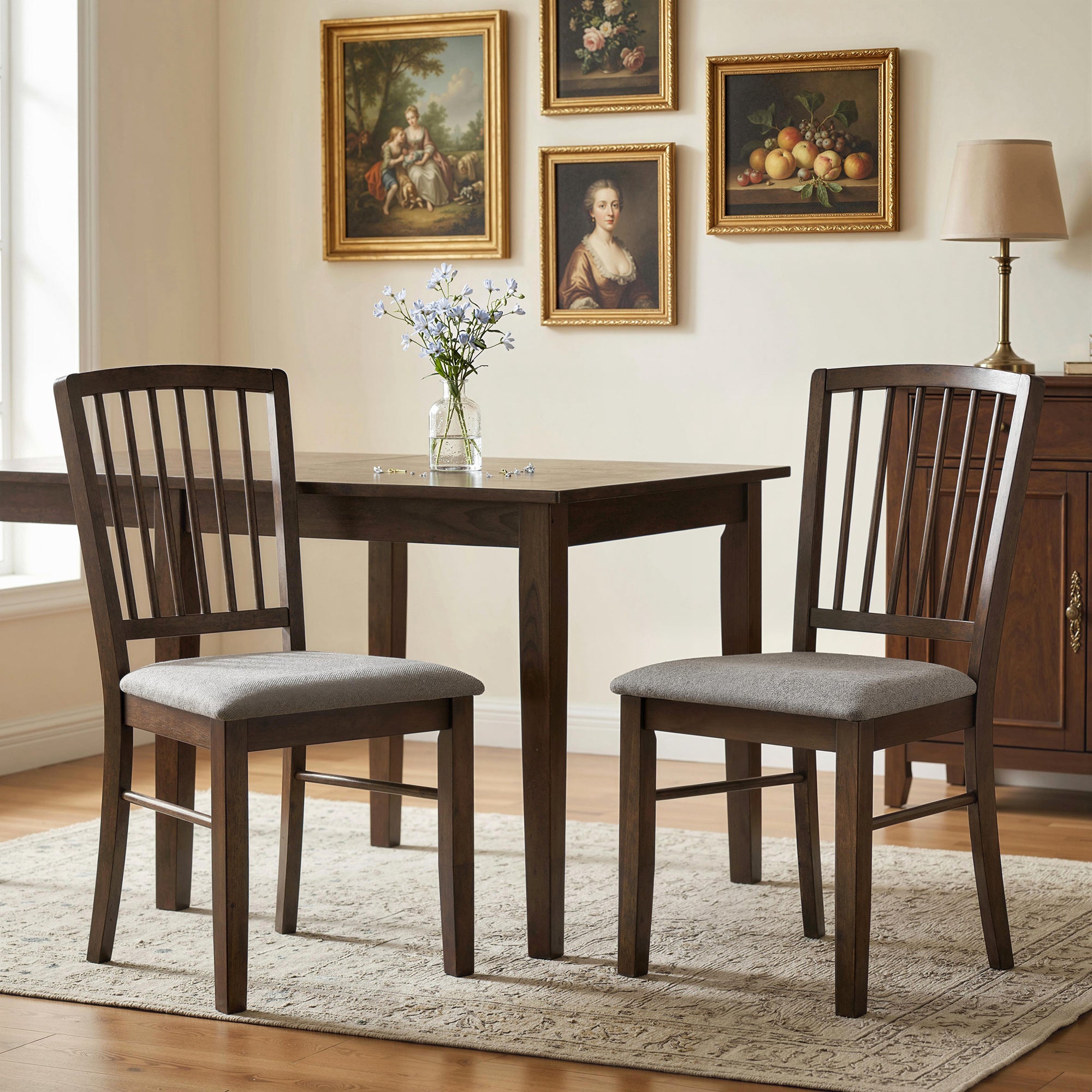 Farmhouse Dining Chairs Set of 2, Upholstered Linen Fabric Kitchen Chairs with Solid Rubberwood Legs for Kitchen, Dining Room, Burn Brown
