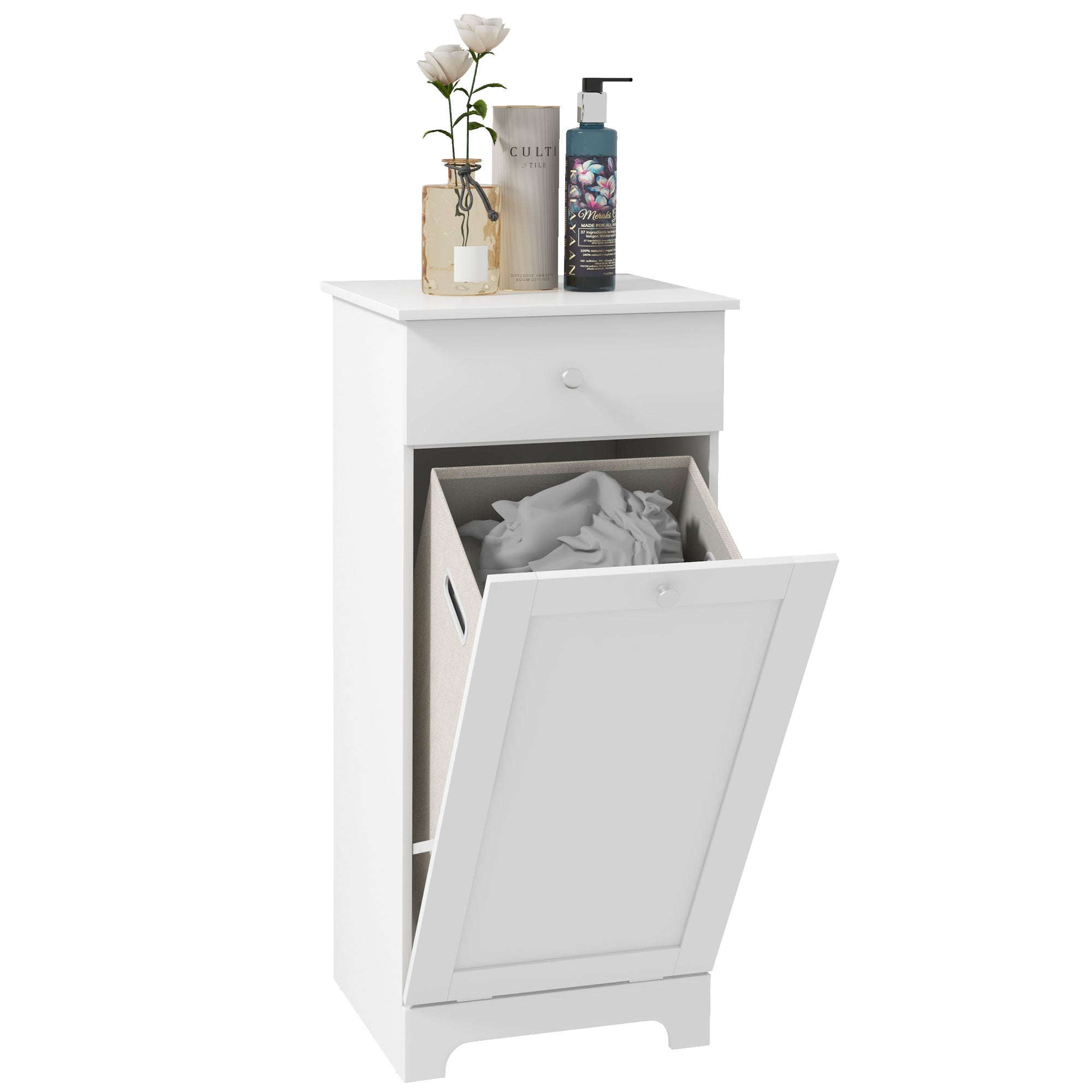 HOMCOM Laundry Cabinet, Bathroom Cabinet with Laundry Basket, Bathroom Storage Unit with Foldable Laundry Hamper and Drawer for Washroom, White